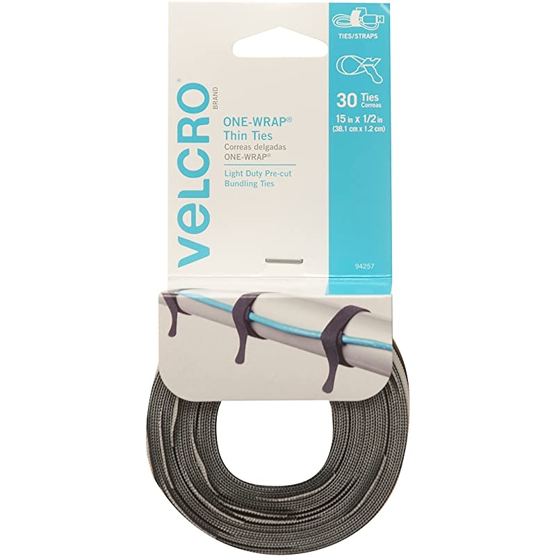ONE WRAP Thin Ties | Strong Reusable | Perfect for Fastening Wires Organizing Cords | BlackGray 15in x 12Inch | 30 Count