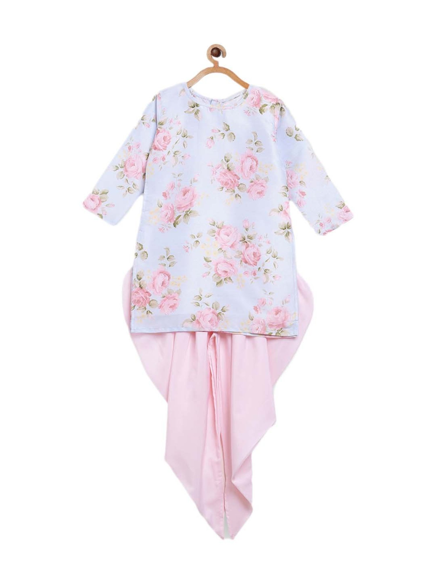 Ahalyaa Kids Pink Floral Print Kurta & Dhoti