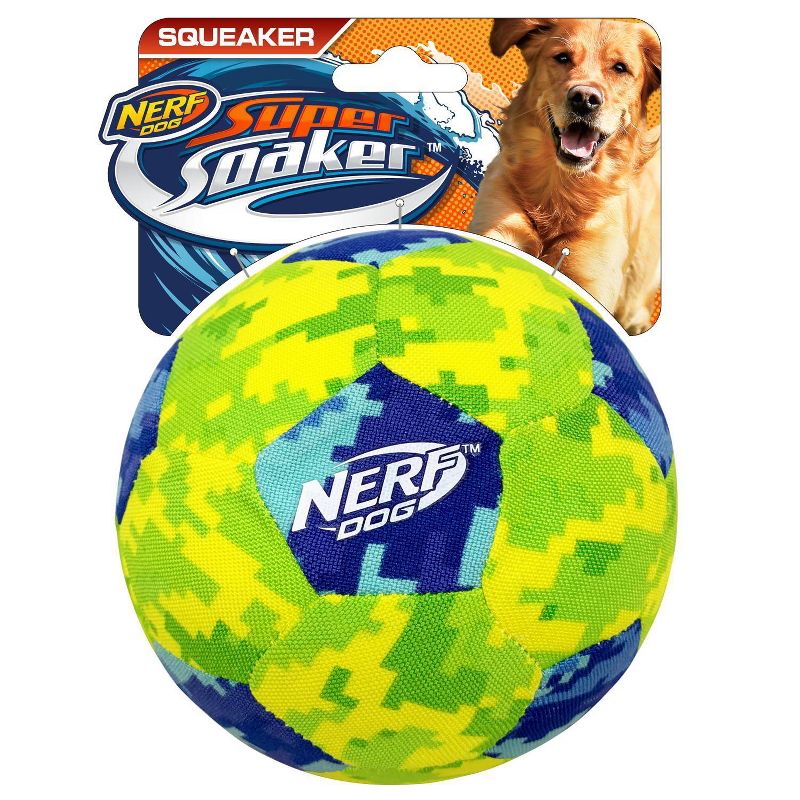 NERF Air Tuff Camo Squeak Soccer Ball Dog Toy - Blue/Green - 5"