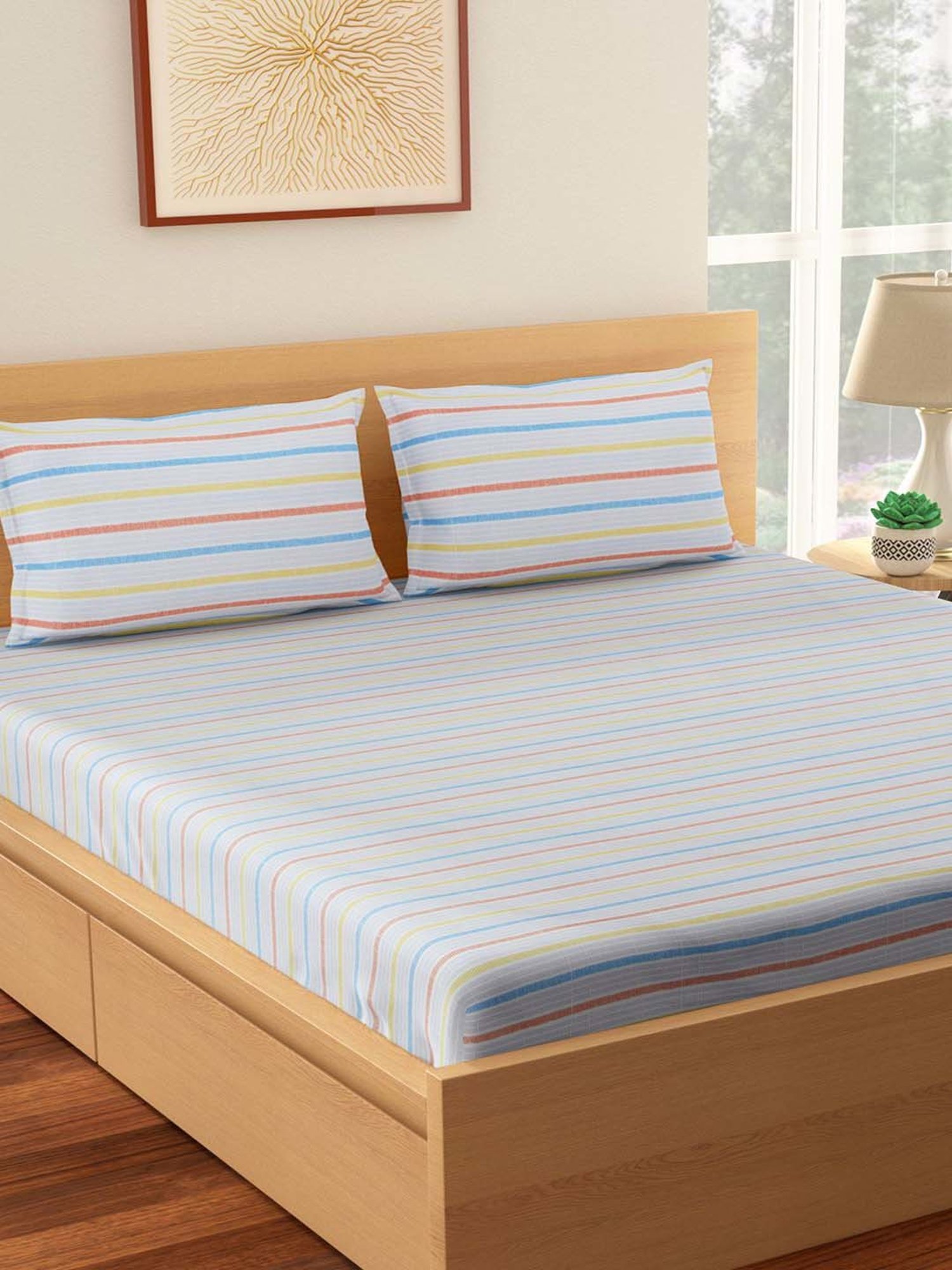Living Scapes by Pantaloons Multicolor Blend 128 TC King Bed Sheet with 2 Pillow Covers