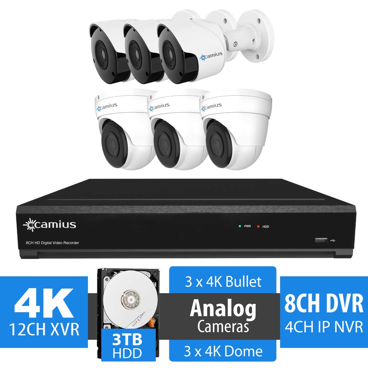 Camius 4K 8 Channel Security DVR camera system with Hard Drive 3TB, 4 x 4K Outdoor Wide Angle Analog Bullet Security Cameras - 100 degree view - expandable to 12CH including 4 IP channels - 124K48M3T