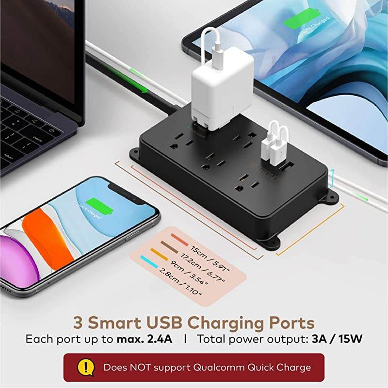 Surge Protector Power Strip with USB ETL Listed  5 WidelySpaced Outlets 3 USB Ports 1300 Joules LowProfile Flat Plug 10ft Extension Cord Wall Mountable Black