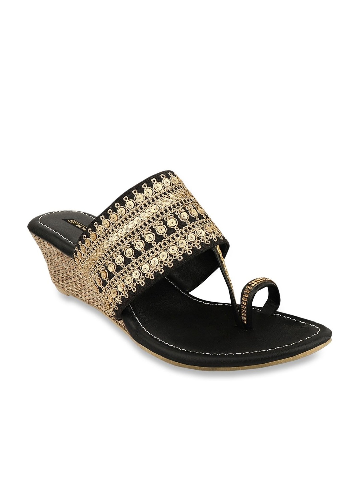 Shoetopia Women's Black Toe Ring Wedges