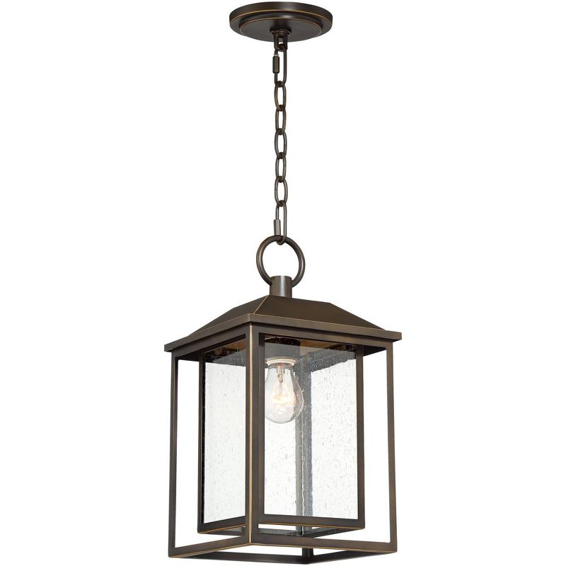 Franklin Iron Works Mission Outdoor Ceiling Light Hanging Bronze 16 3/4" Textured Glass Lantern for Exterior House Porch Patio