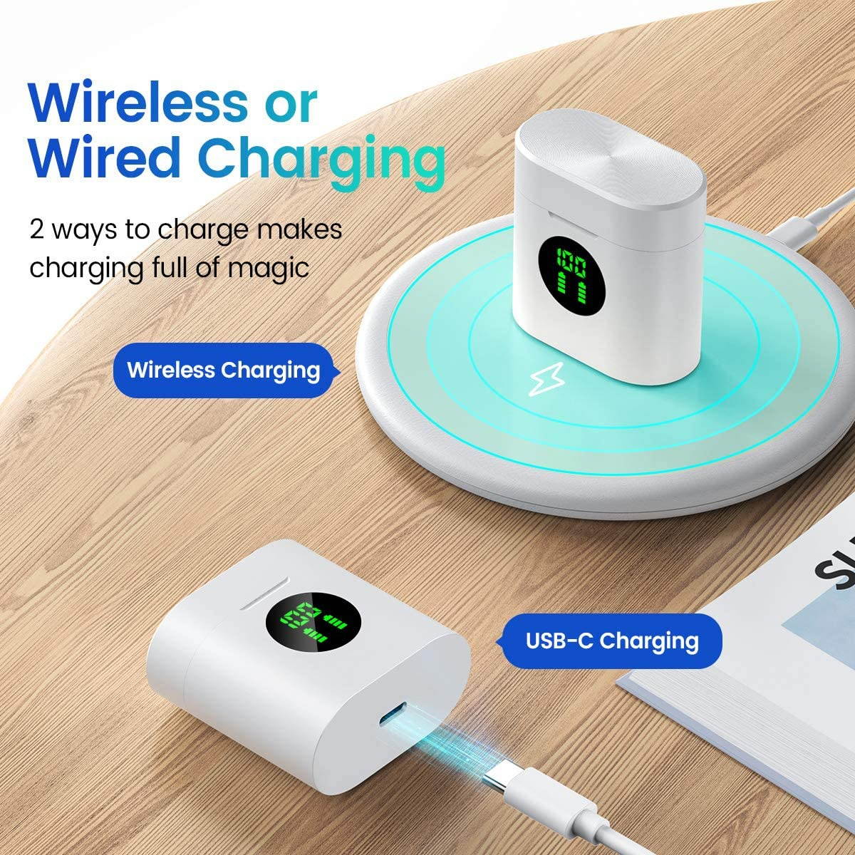 MIFA True Wireless Earbuds, TWS Bluetooth Headphones Stereo Sound Earphones, 30H Playtime Wireless Charging Case & Power Display, Sweat Proof Dual Bluetooth 5.0 Headset with Built-in Mic for Sports