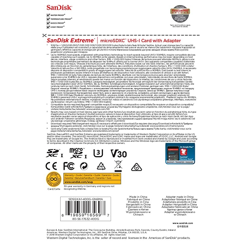 400GB Extreme microSDXC UHSI Memory Card with Adapter C10 U3 V30 4K A2 Micro SD SDSQXA1400GGN6MA