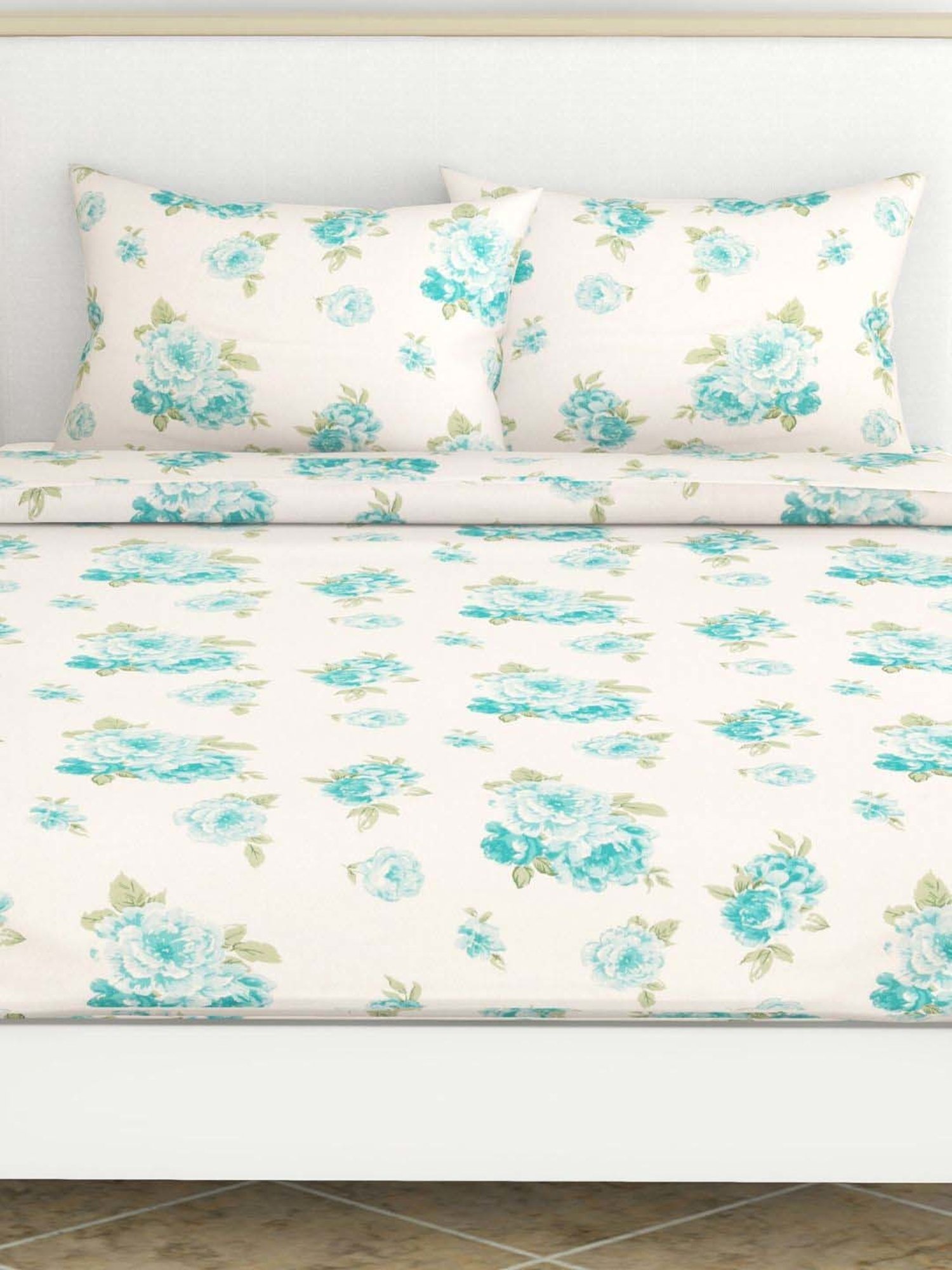 Haus & Kinder White & Teal Cotton 120 TC Petal Harmony Printed King Bedsheet with 2 Pillow Covers
