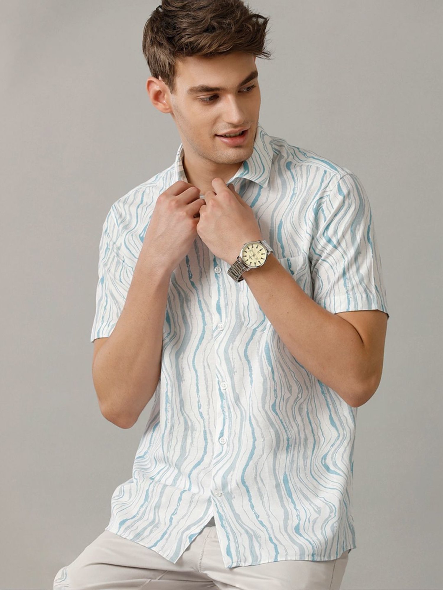 Cavallo By Linen Club Blue Linen Contemporary Fit Printed Shirt