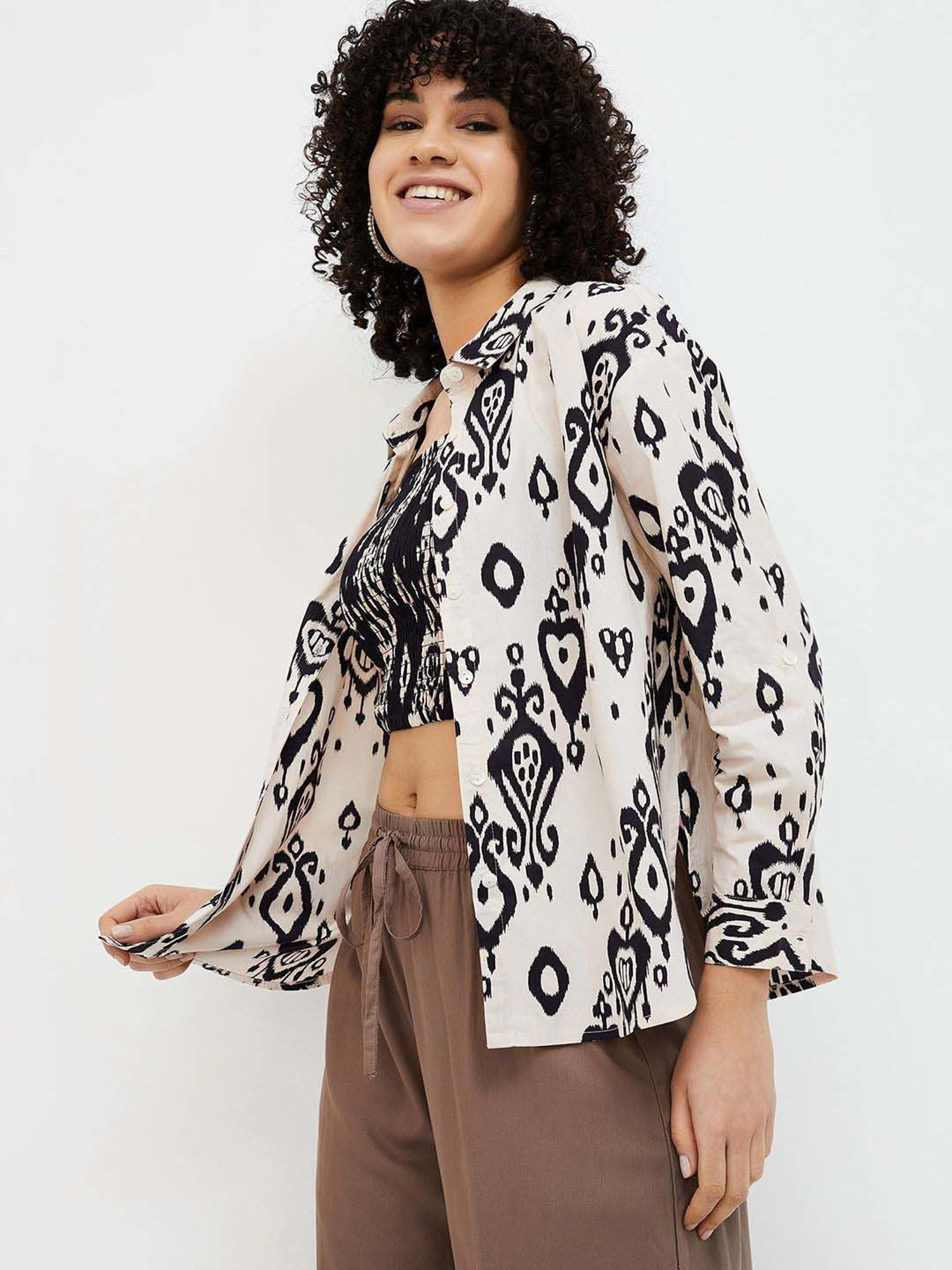 Colour Me by Melange Black & Off-White Cotton Printed Crop Top With Jacket