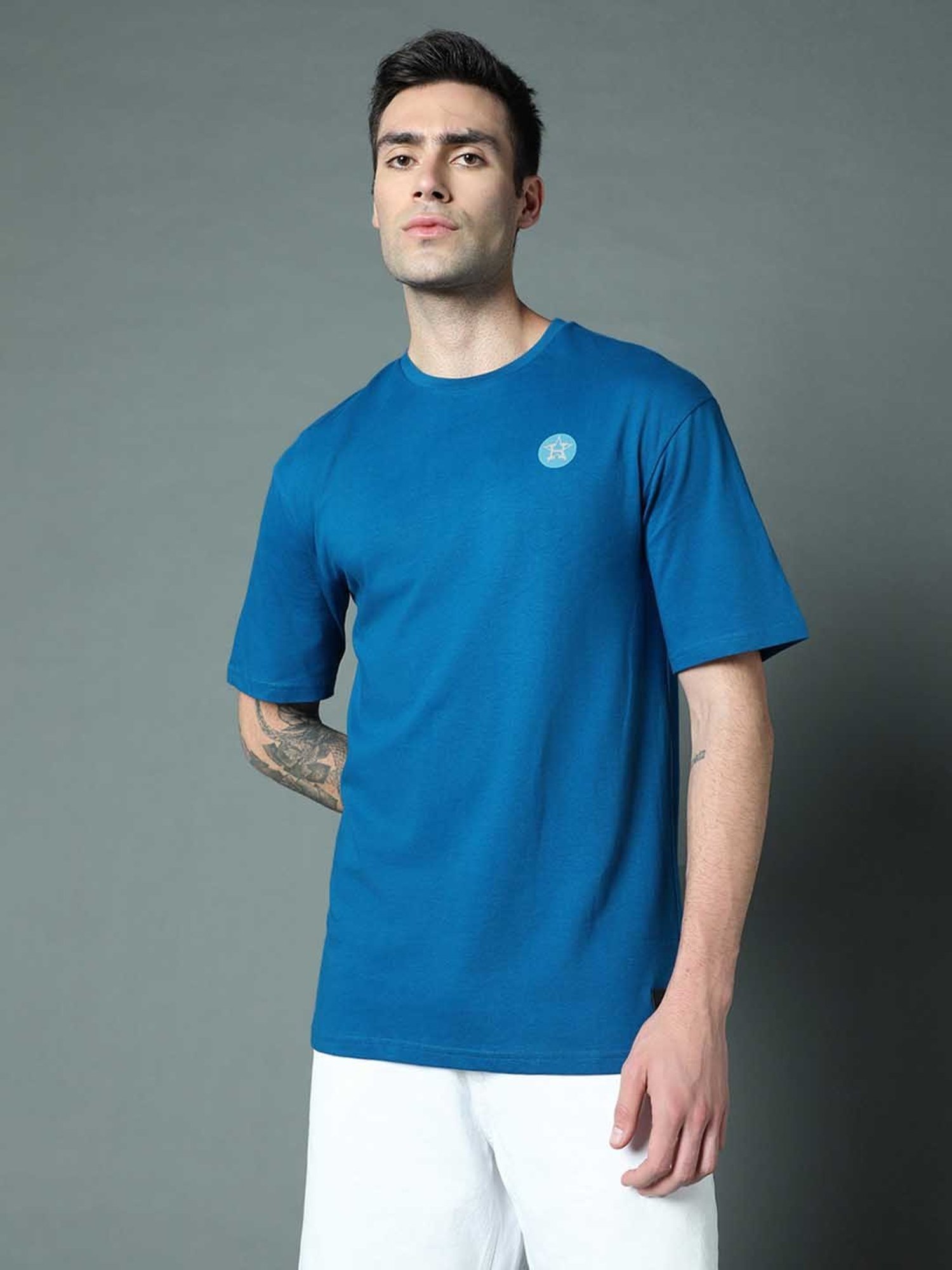 High Star Blue Relaxed Fit Printed Crew T-Shirt