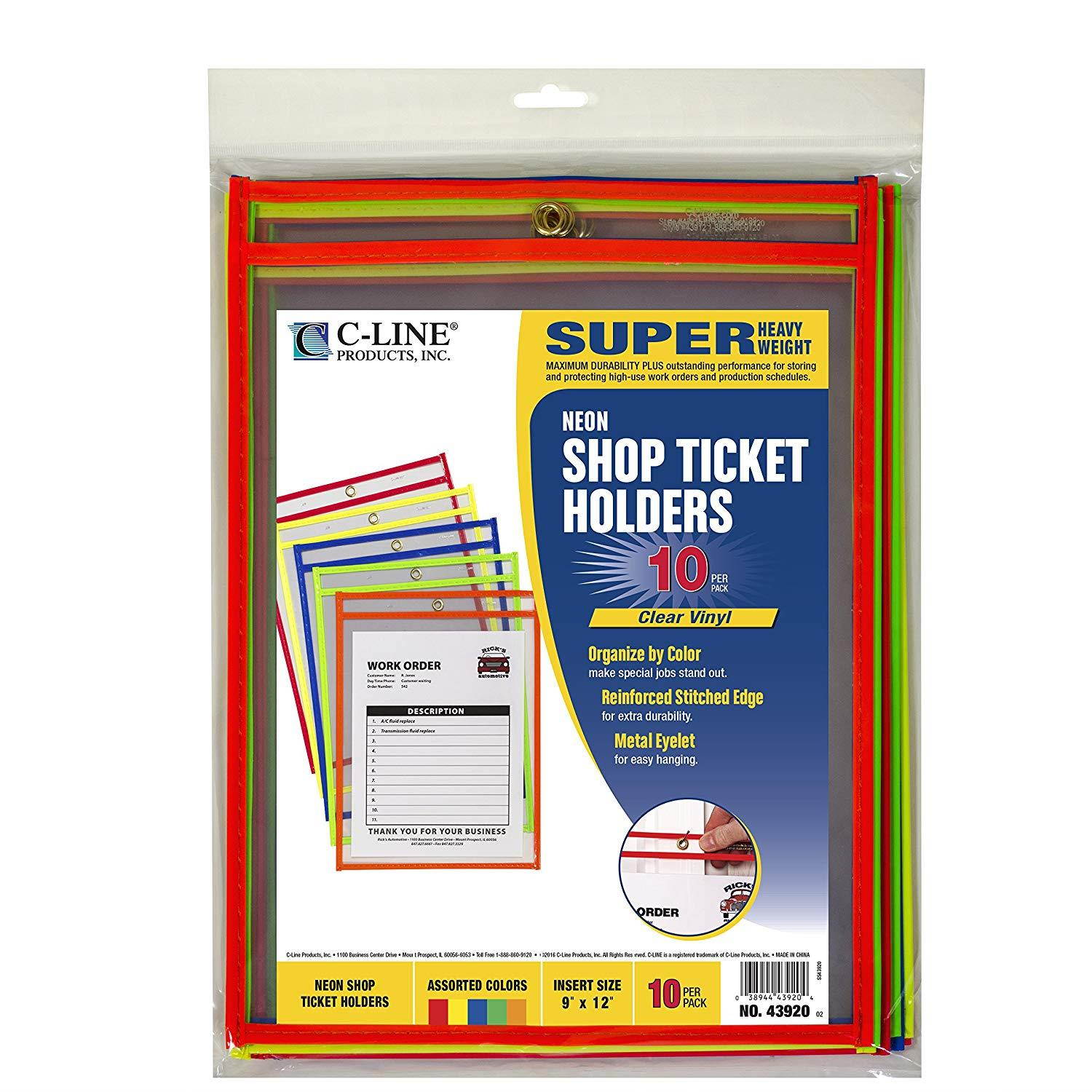 C-Line Neon Stitched Shop Ticket Holders, Assorted Neon Colors, 9 x 12 Inches, 10 per Pack (43920)