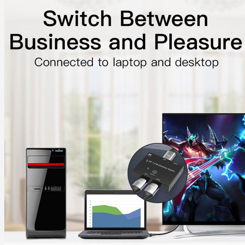 Displayport Splitter DP1.4 Bi-Direction Switch  Audio Video Sync Adapter 1x2/2x1 Switcher for Computer TV Projector Monitor