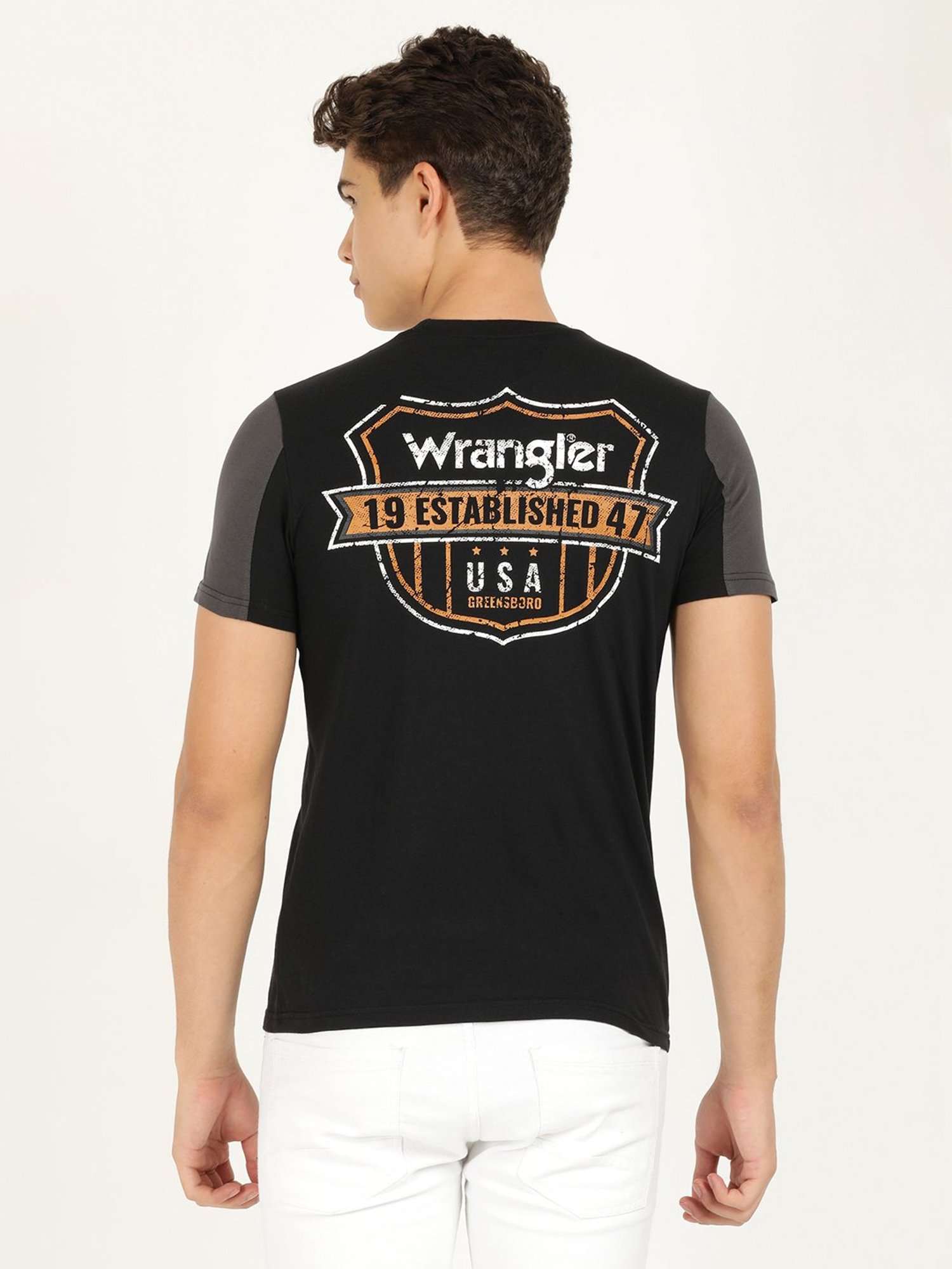 Wrangler Jet Black Cotton Regular Fit Printed T-Shirt
