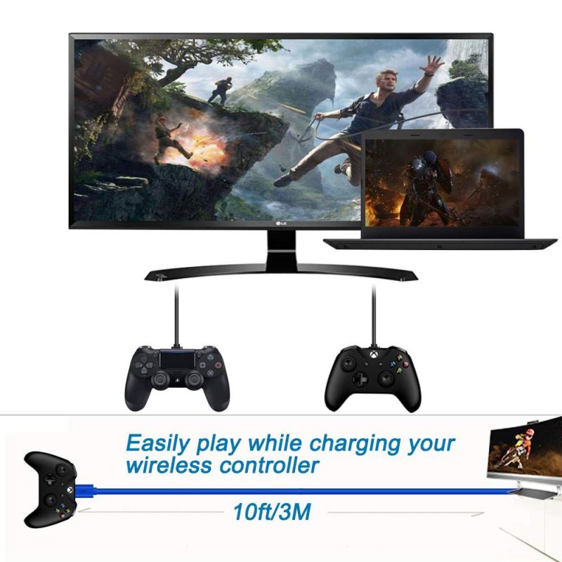 2 Pack 10 Ft PS4 Controller Charging Cable,Charge and Play,Micro USB Fast Charger Sync Long Cord for Sony Playstation 4 PS4 Slim/Pro.Xbox One S/X,Android Phone,Samsung Galaxy S6 S7 Edge Note 5 4 Blue