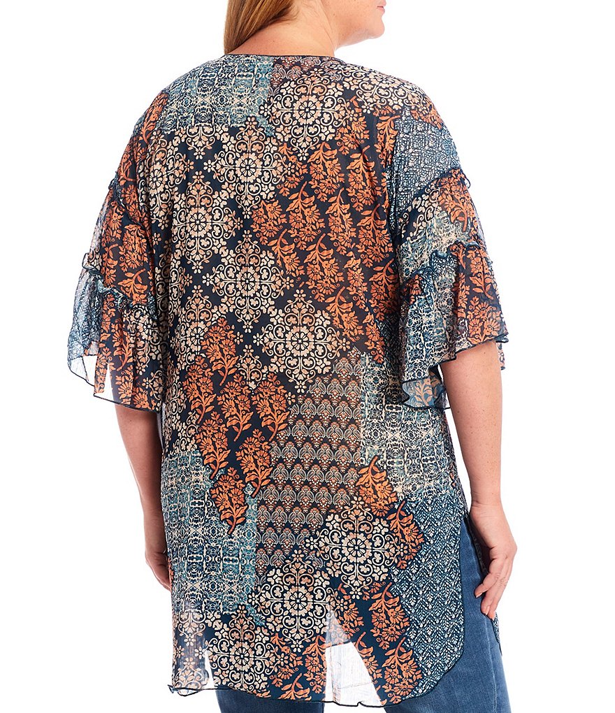 Democracy Plus Size Geometric Patchwork Print 3/4 Ruffle Sleeve Open-Front Kimono