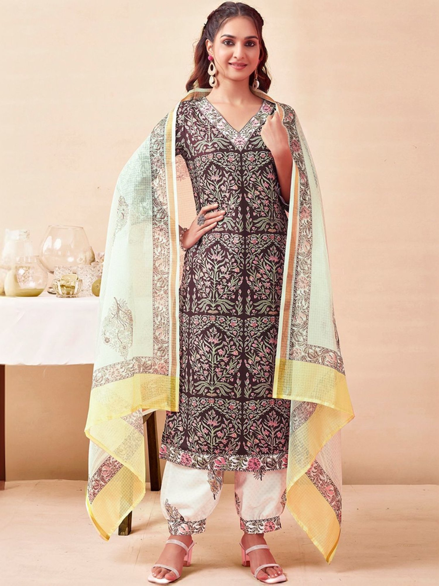 Skylee Brown & White Floral Print Kurta Salwar Set With Dupatta
