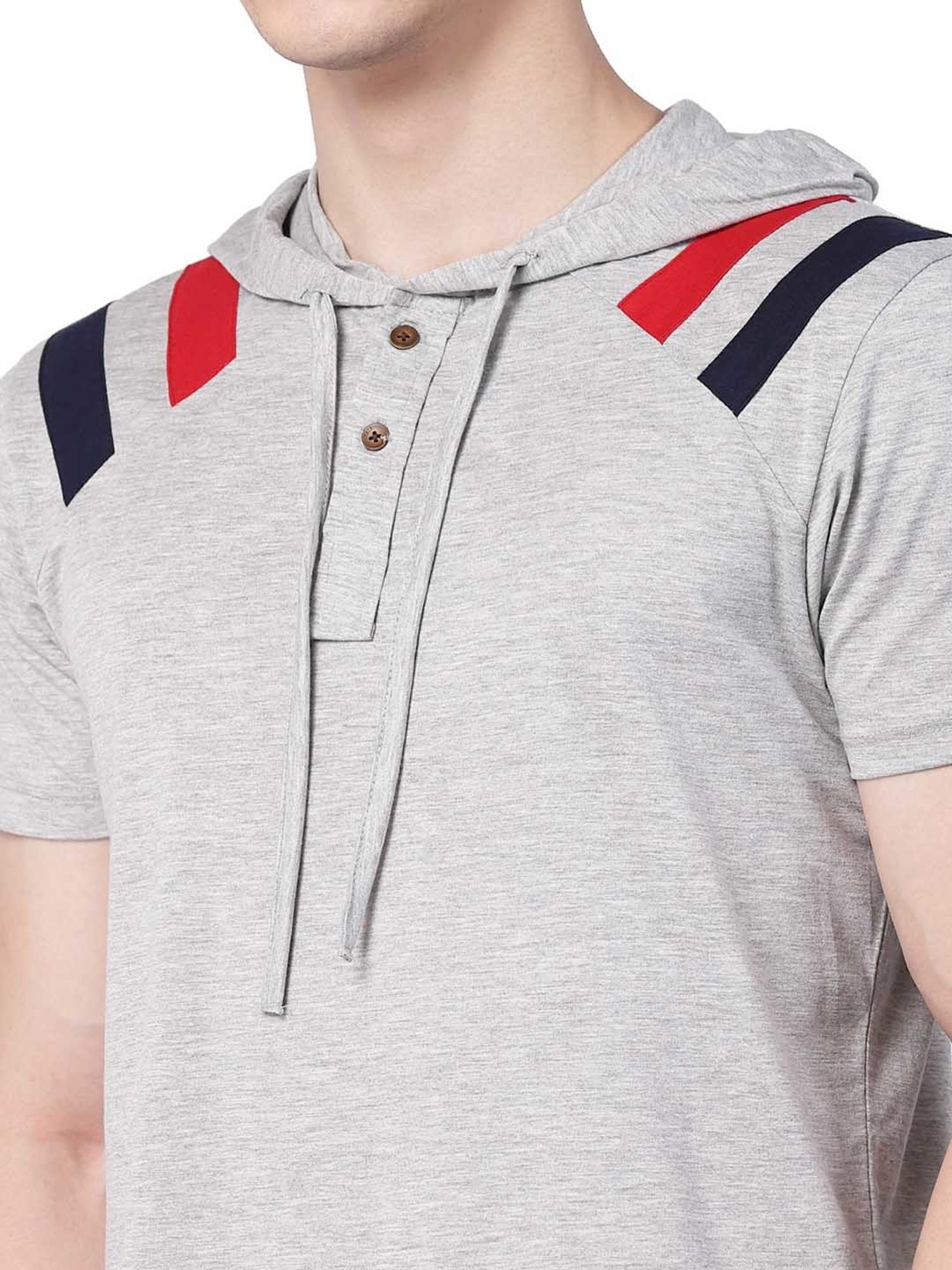 Kalt Light Grey Melange Regular Fit Striped Hooded T-Shirt