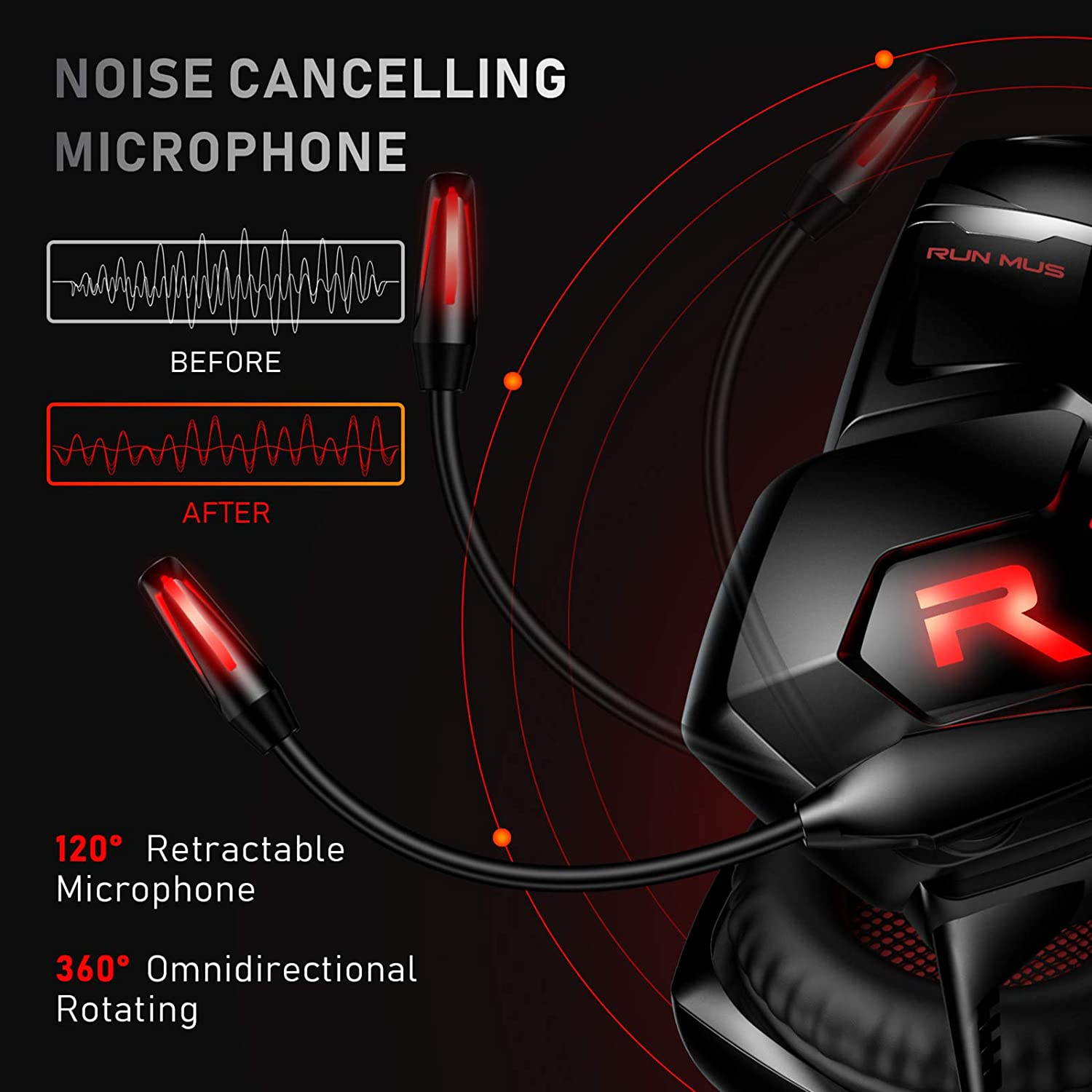 RUNMUS Gaming Headset Xbox One Headset PS4 Headset, 7.1 Surround Sound Gaming Headphone with Noise Canceling Mic & LED Light, Compatible with Xbox One Controller (Adapter Not Included) PS5 PC Laptop