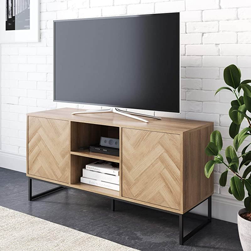 Dylan Media Console Cabinet or TV Stand with Doors for Hidden Storage in a Natural Reclaimed Herringbone Wood Pattern and Metal, Oak/Matte Black