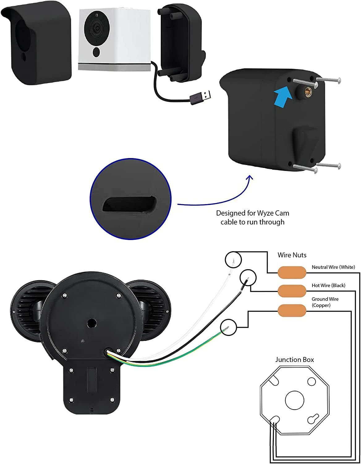 Wasserstein 3-in-1 Floodlight, Charger and Mount Compatible with Wyze Cam V3 & Wyze Cam V2 (Black) (Camera NOT Included)