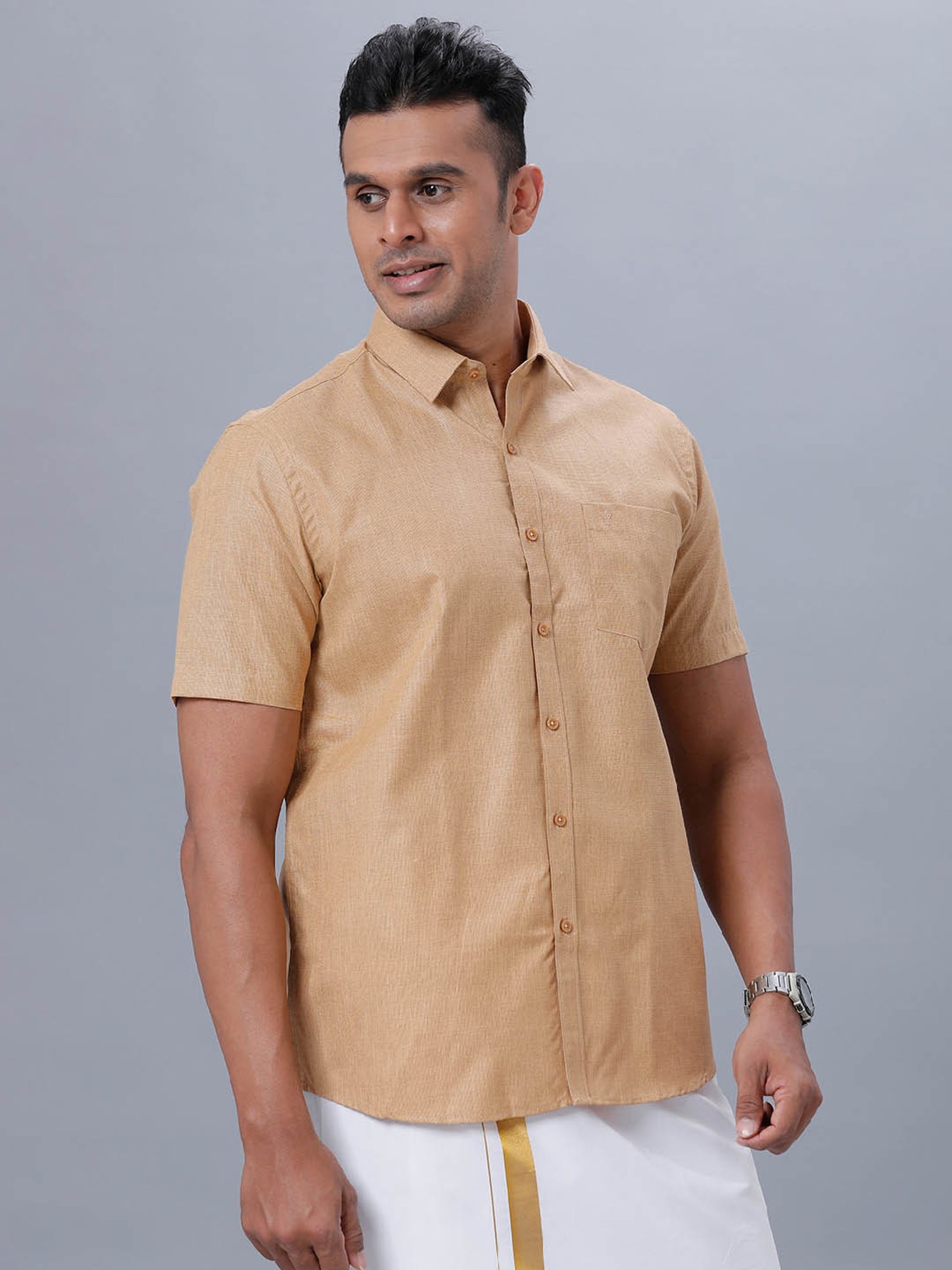 Ramraj Dark Mustard Cotton Regular Fit Shirt