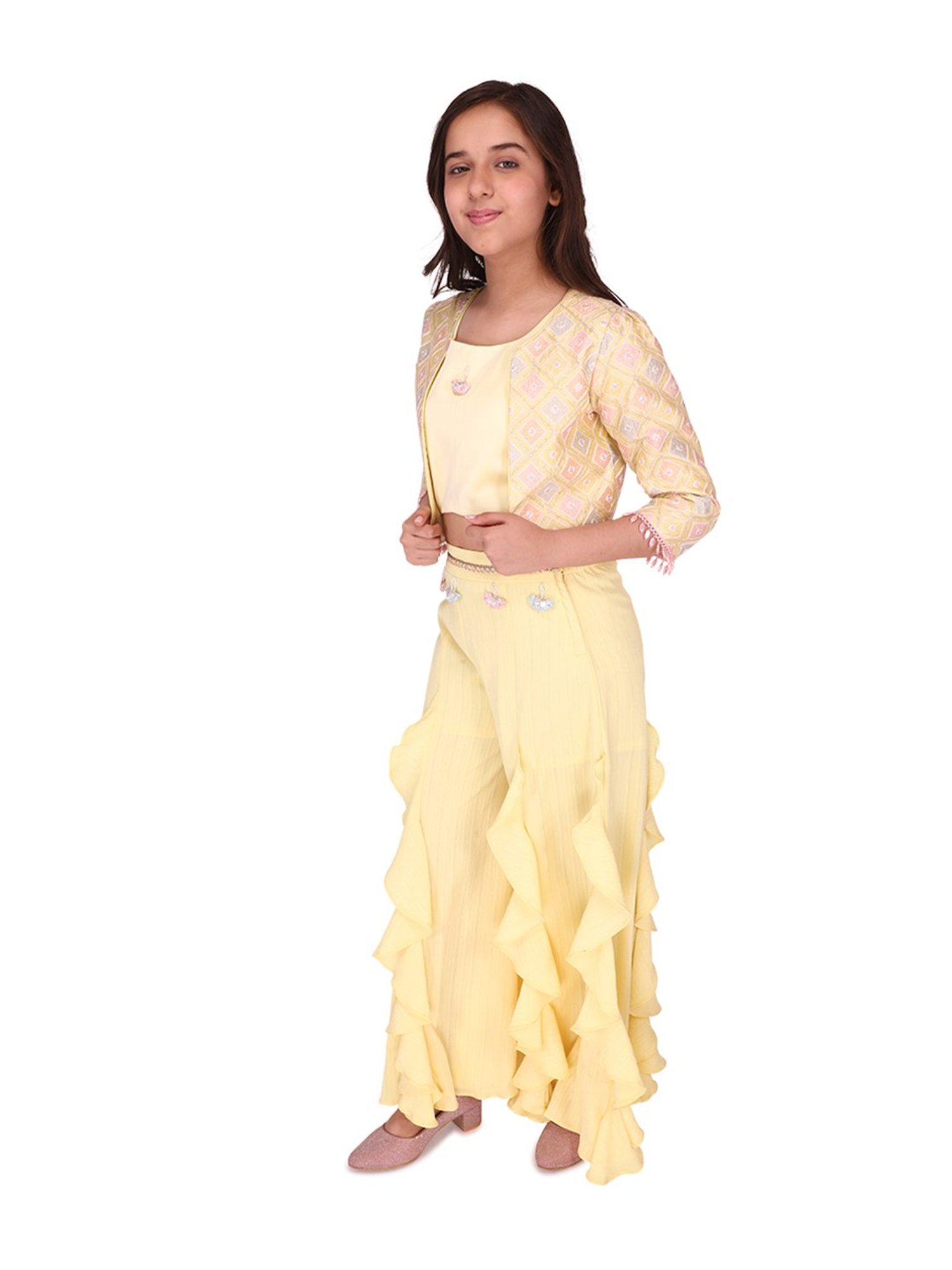 Cutecumber Kids Yellow Embroidered  Choli,  Shrug &  Plazzos