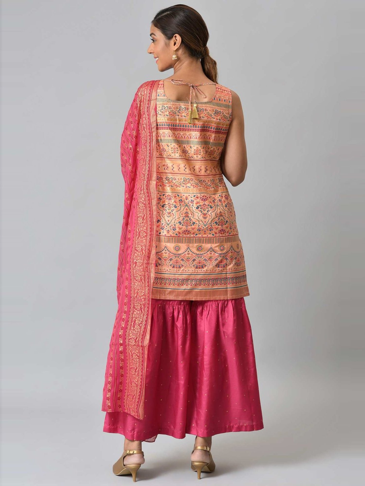 Aurelia Peach & Pink Printed Kurti Sharara Set With Dupatta
