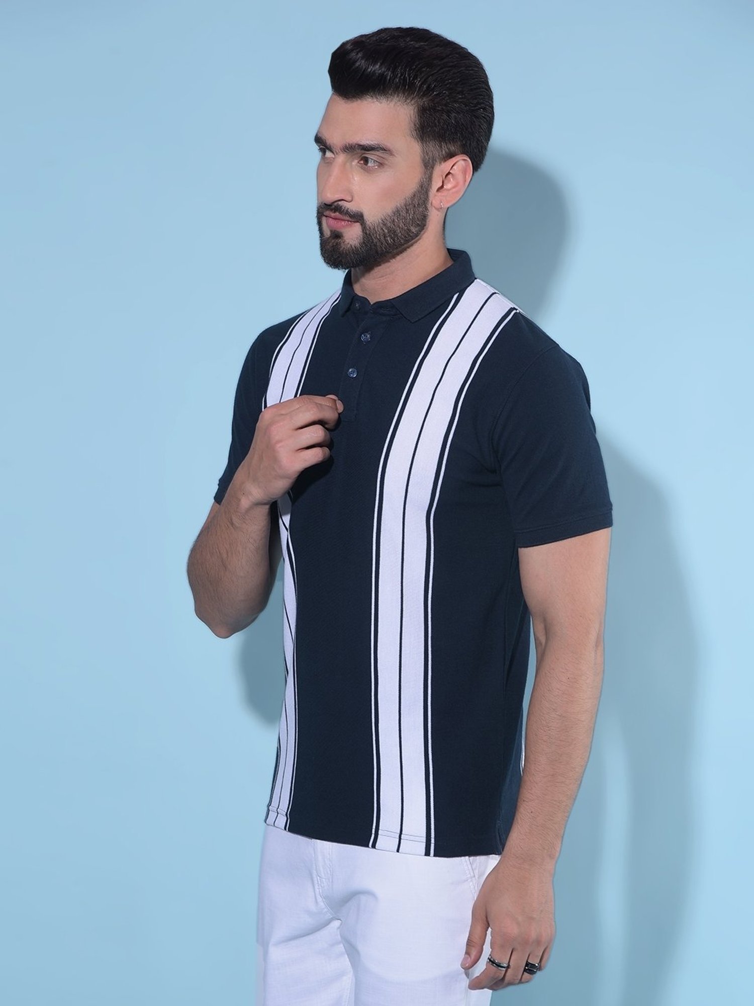 Crimsoune Club Navy Blue Cotton Slim Fit Striped Polo T-Shirt