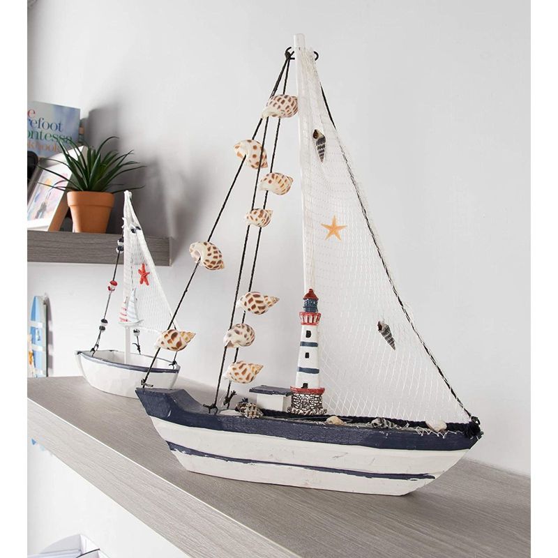Juvale Wooden Sailing Boat Home Decor, Beach Nautical Design Sailboat Lighthouse & Seashells 0.3x12.8x1.8"