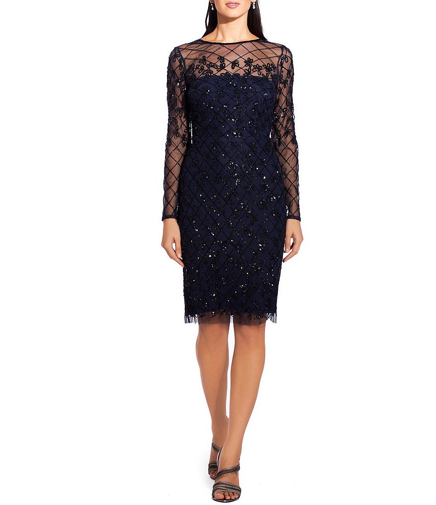 Adrianna Papell Round Neck Long Sleeve Beaded Sheath Dress