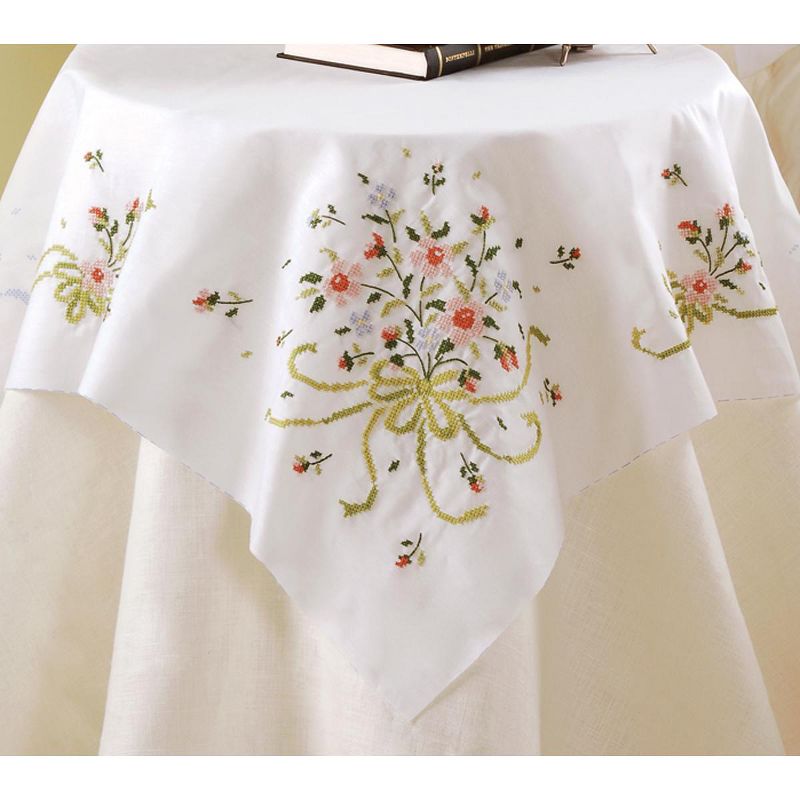 Bucilla Stamped Cross Stitch Table Topper 40"X40"-Bridal Bouquet