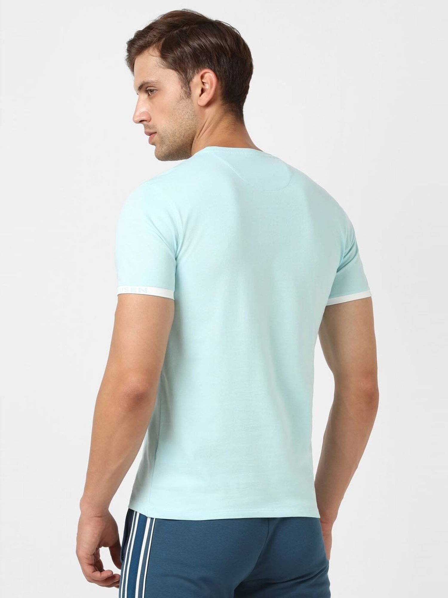 V Dot Blue Cotton Slim Fit Printed T-Shirt