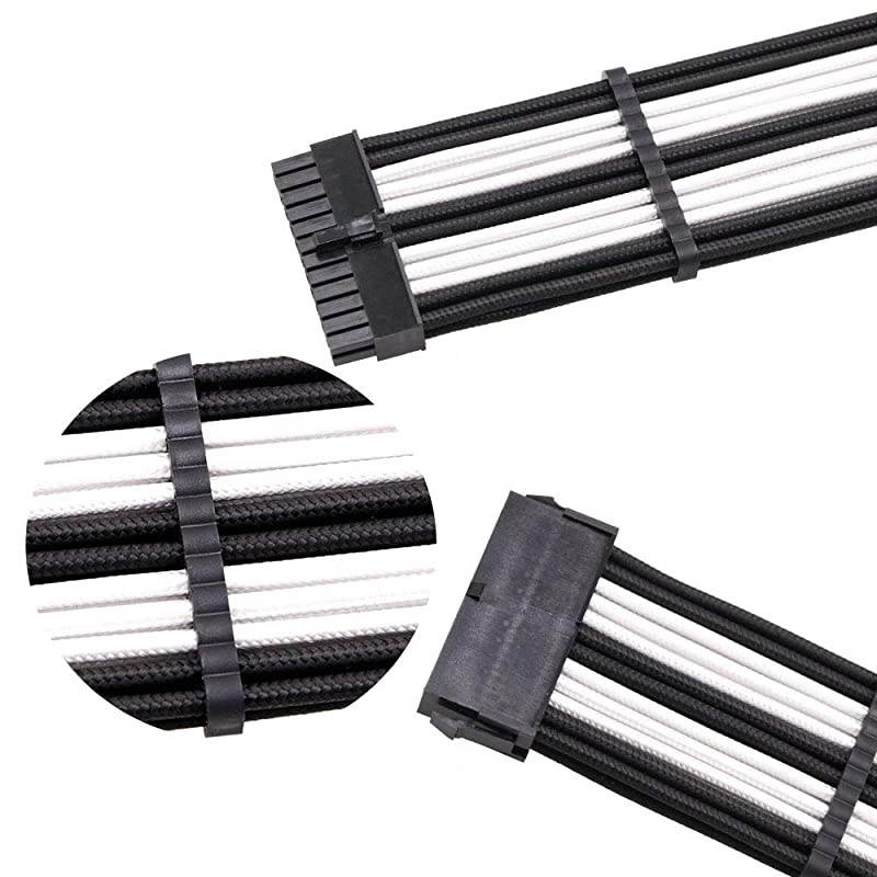 Cables PSU Extension Kit 18AWG 30cm ATX 24-pin,CPU4+4-pin,PCI-E 6+2-pin,PCI-E 6-pin for ATX Power Supply Cable with Black Cable Comb (Black/White)