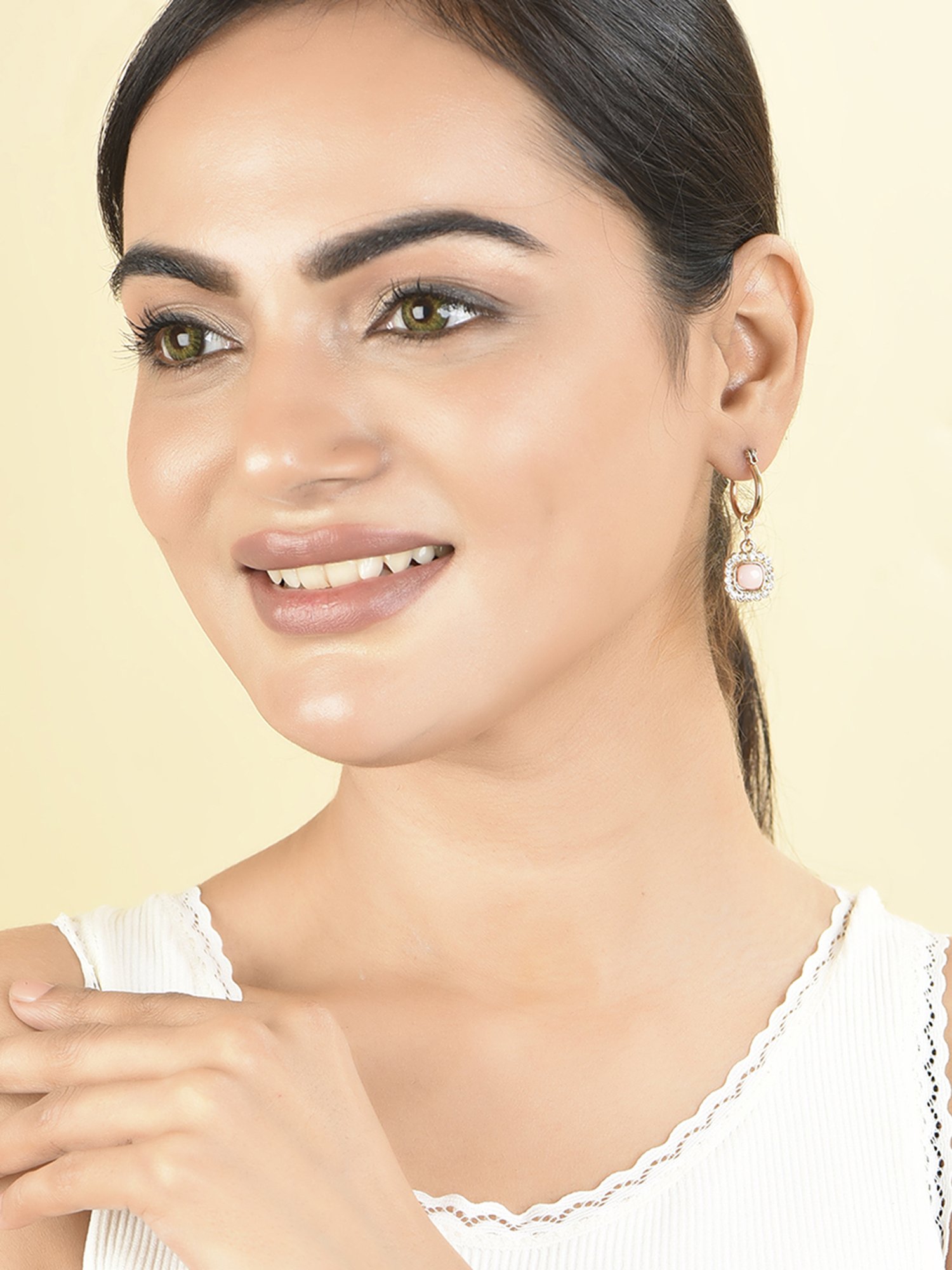 Toniq Pink Gold-Plated Square CZ Stone Studded Drop Earrings for Women