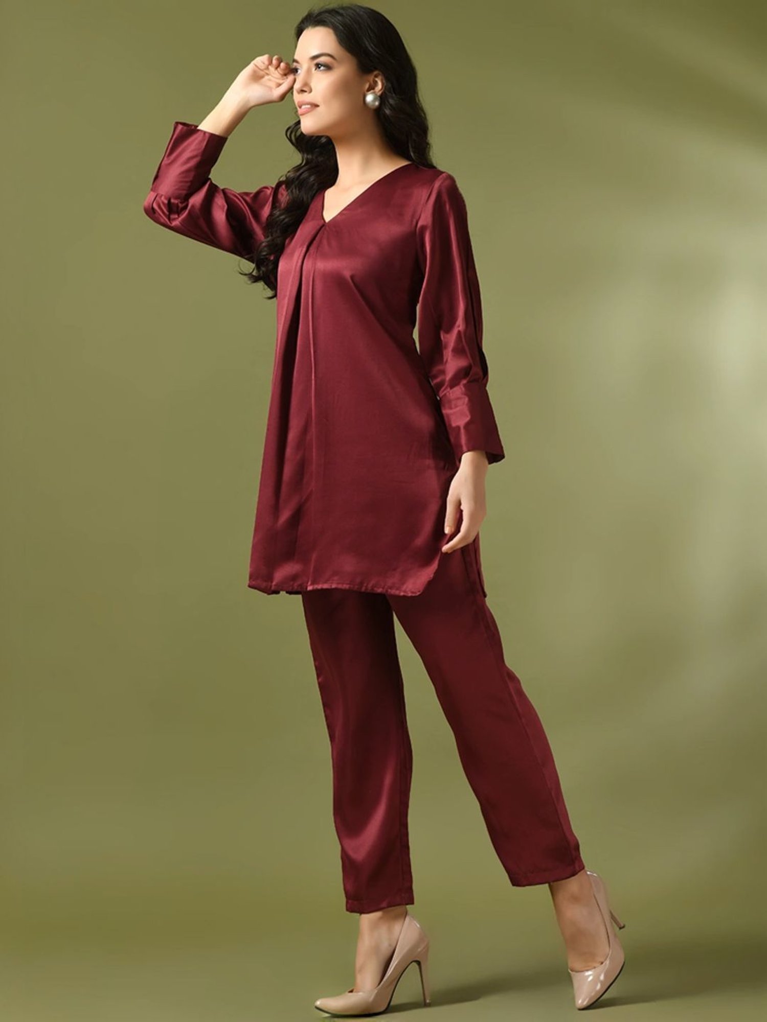 Myshka Maroon Regular Fit Tunic Pant Set