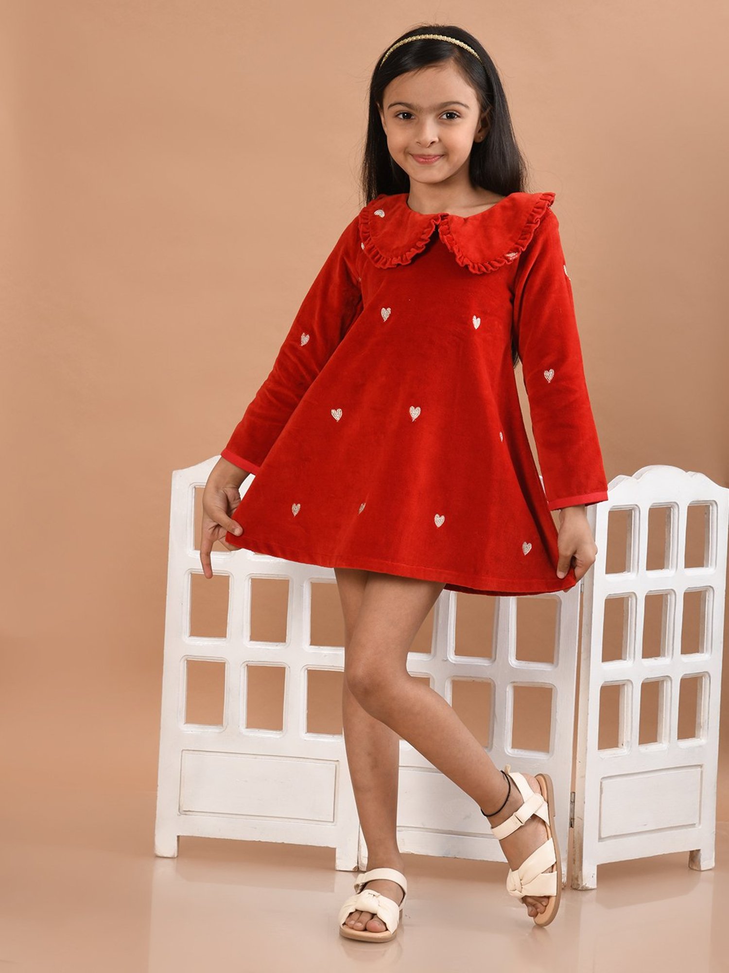 LilPicks Kids Red Embroidered Full Sleeves Dress