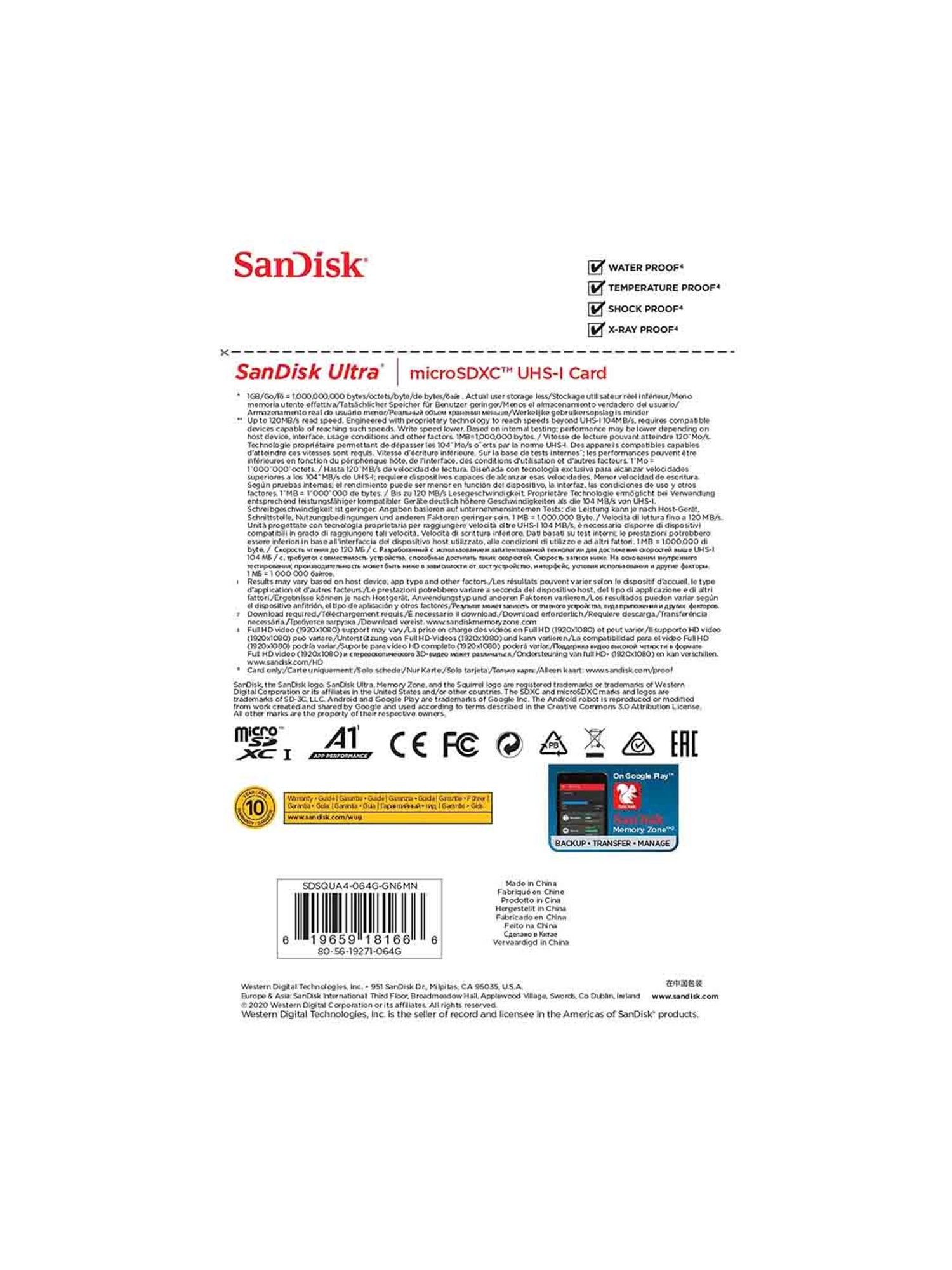 SanDisk SDSQUA4-064G-GN6MN 64GB Ultra microSD Memory Card Pack of 10 (Red/Grey)