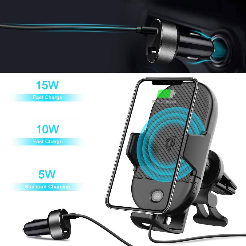 Letscom Wireless Car Charger,15W Qi Fast Charging Car Mount Charger Auto-Clamping Air Vent Phone Holder - Black