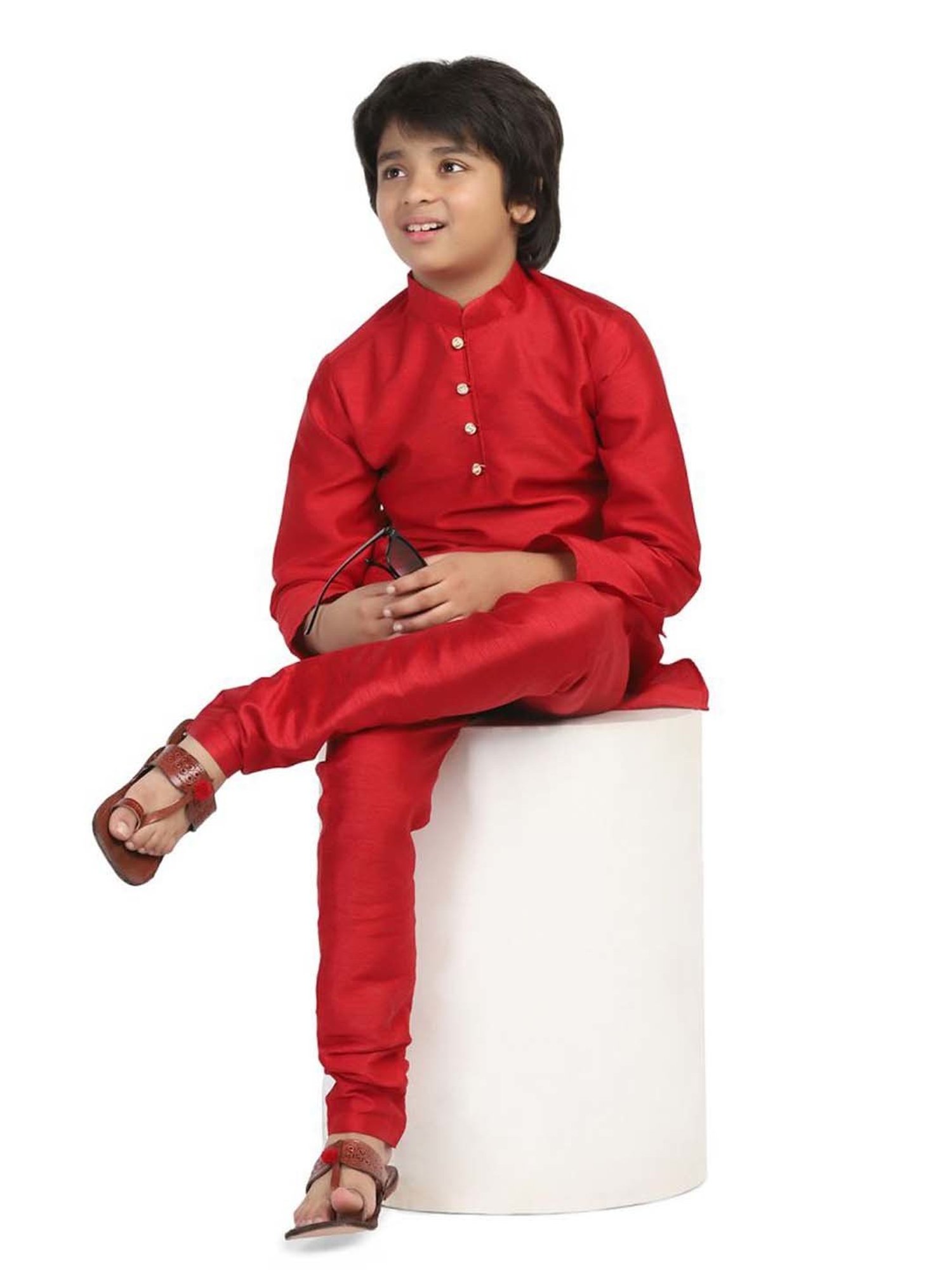 TAHVO Kids Red Slim Fit Full Sleeves Kurta Set