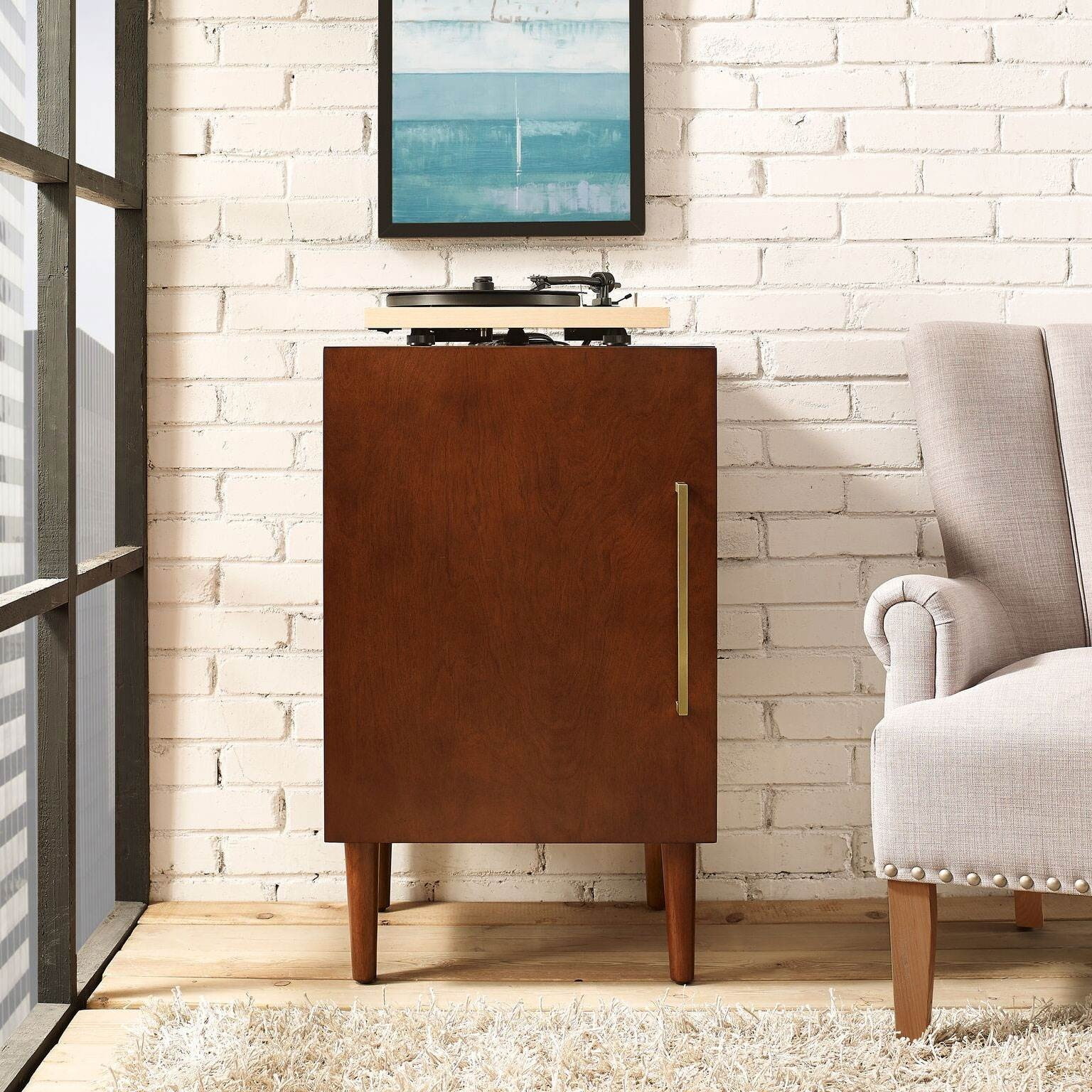 Crosley Mid Century Modern Everett Record Player Stand Storage Cabinet