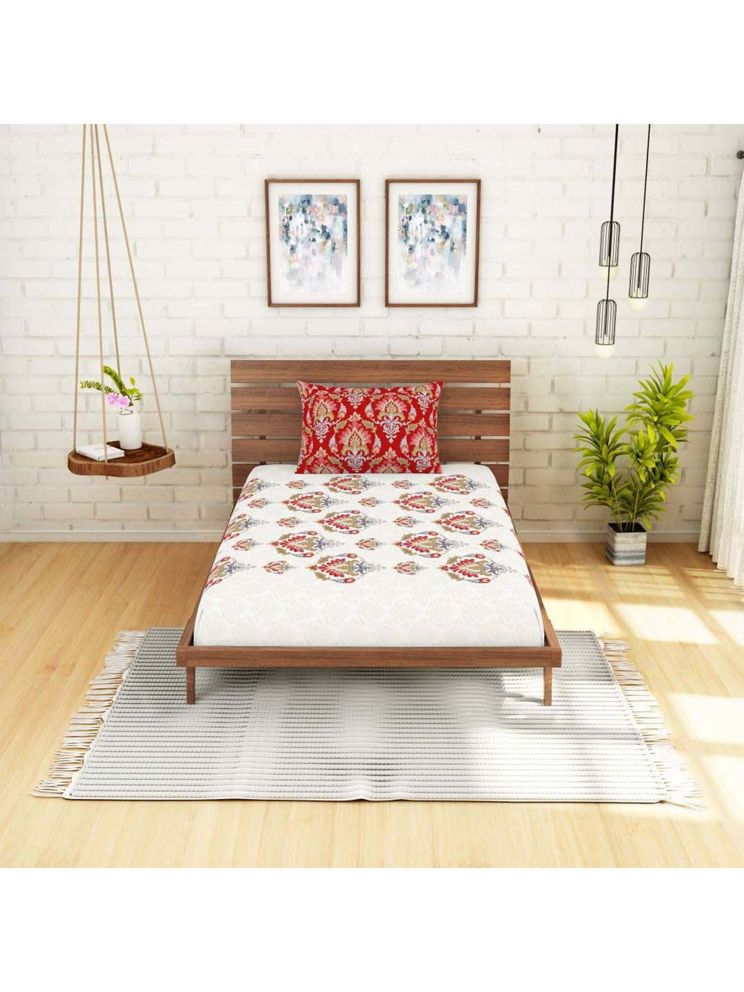 Spaces Atrium Red & Off White Cotton 144 TC Bed Sheet Set