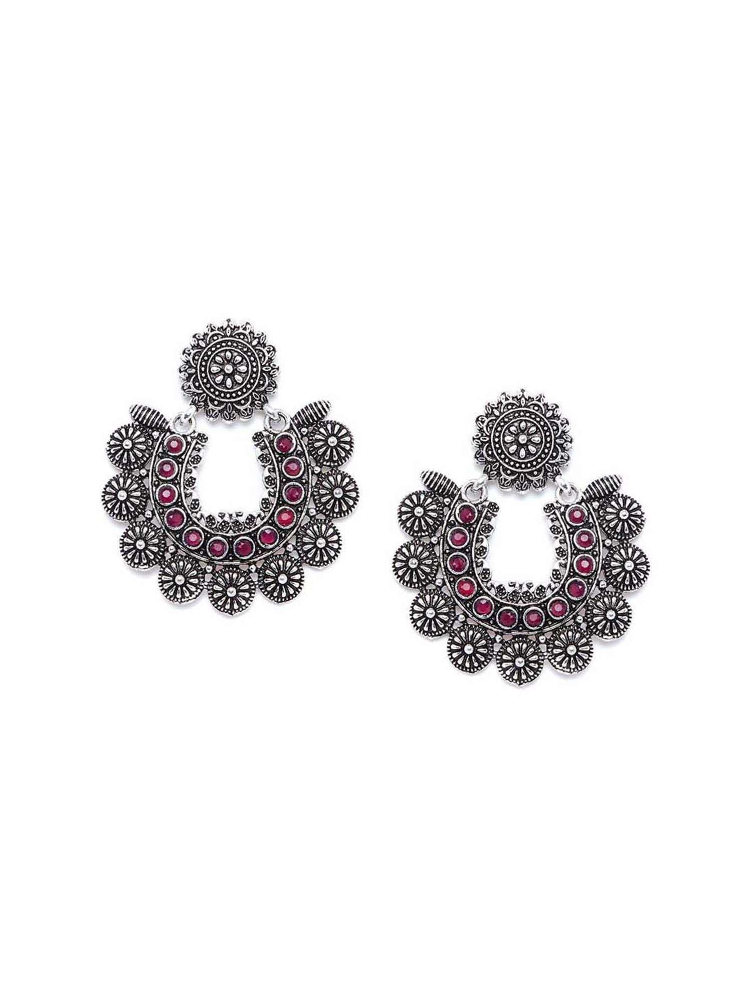 Panash Silver-Plated and Pink Oxidised Chand Bali Earrings
