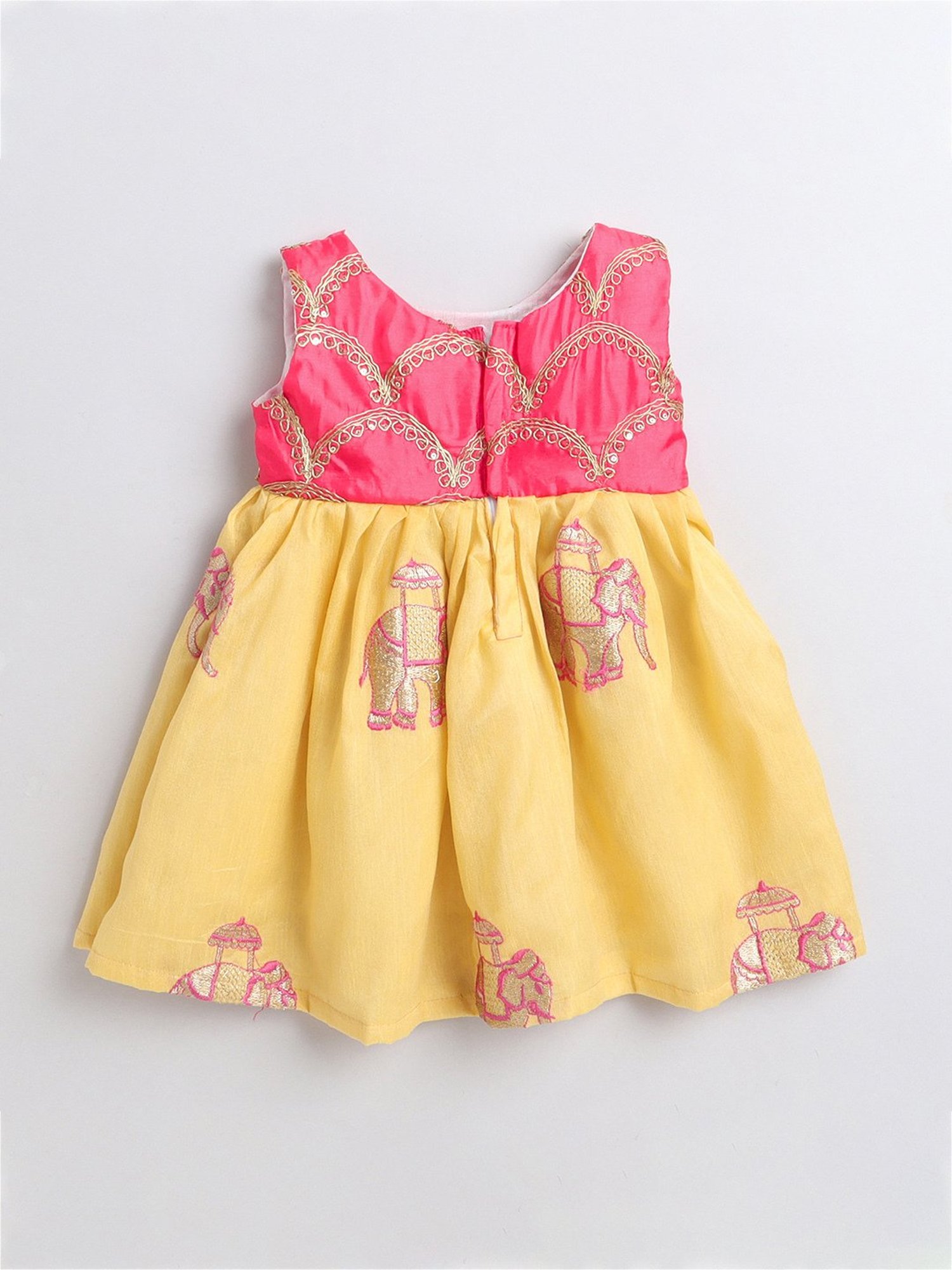 Many Frocks Kids Pink & Yellow Embroidered Dress