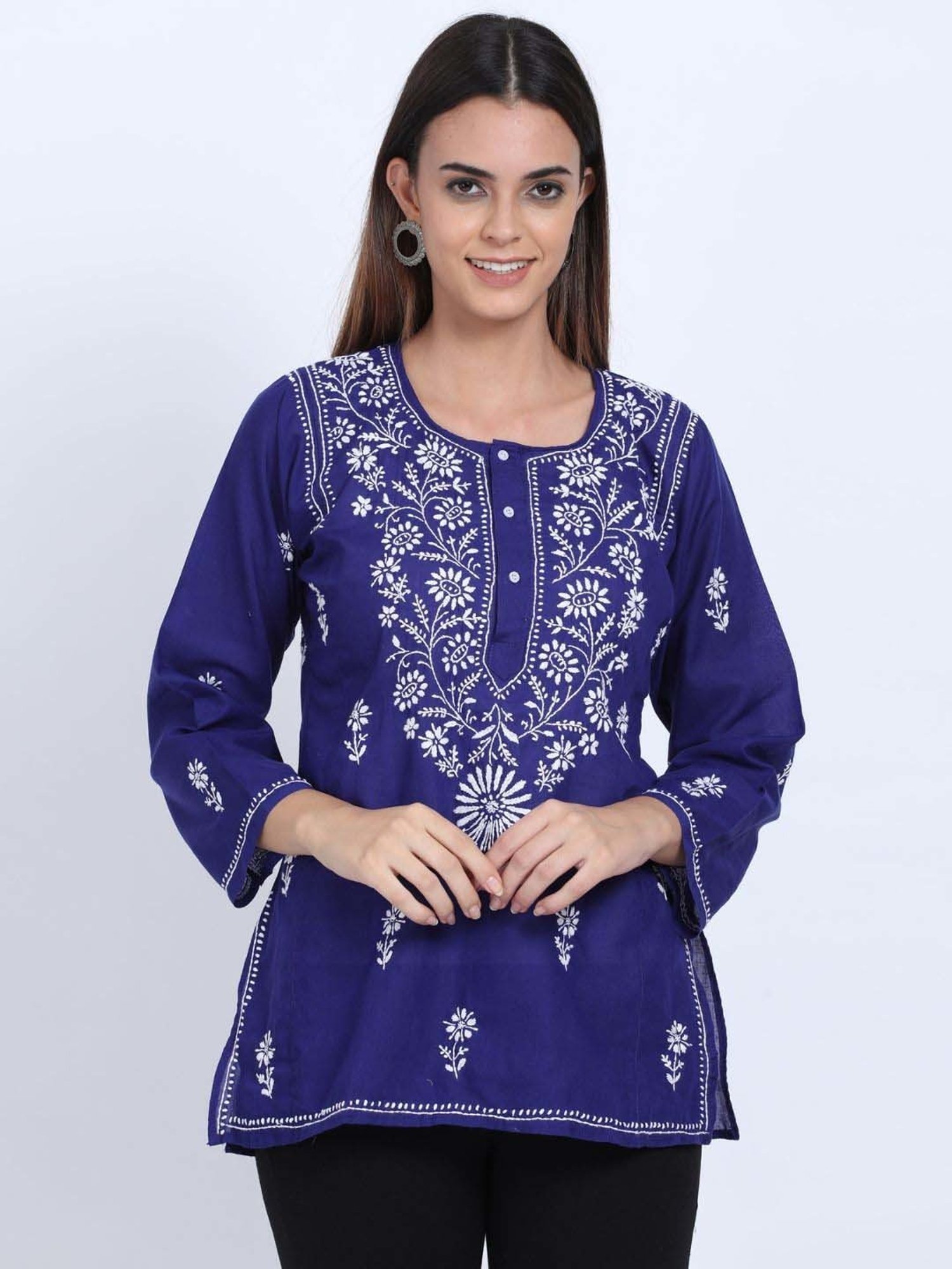 PARAMOUNT CHIKAN Midnight Blue Cotton Chikankari Straight Kurti
