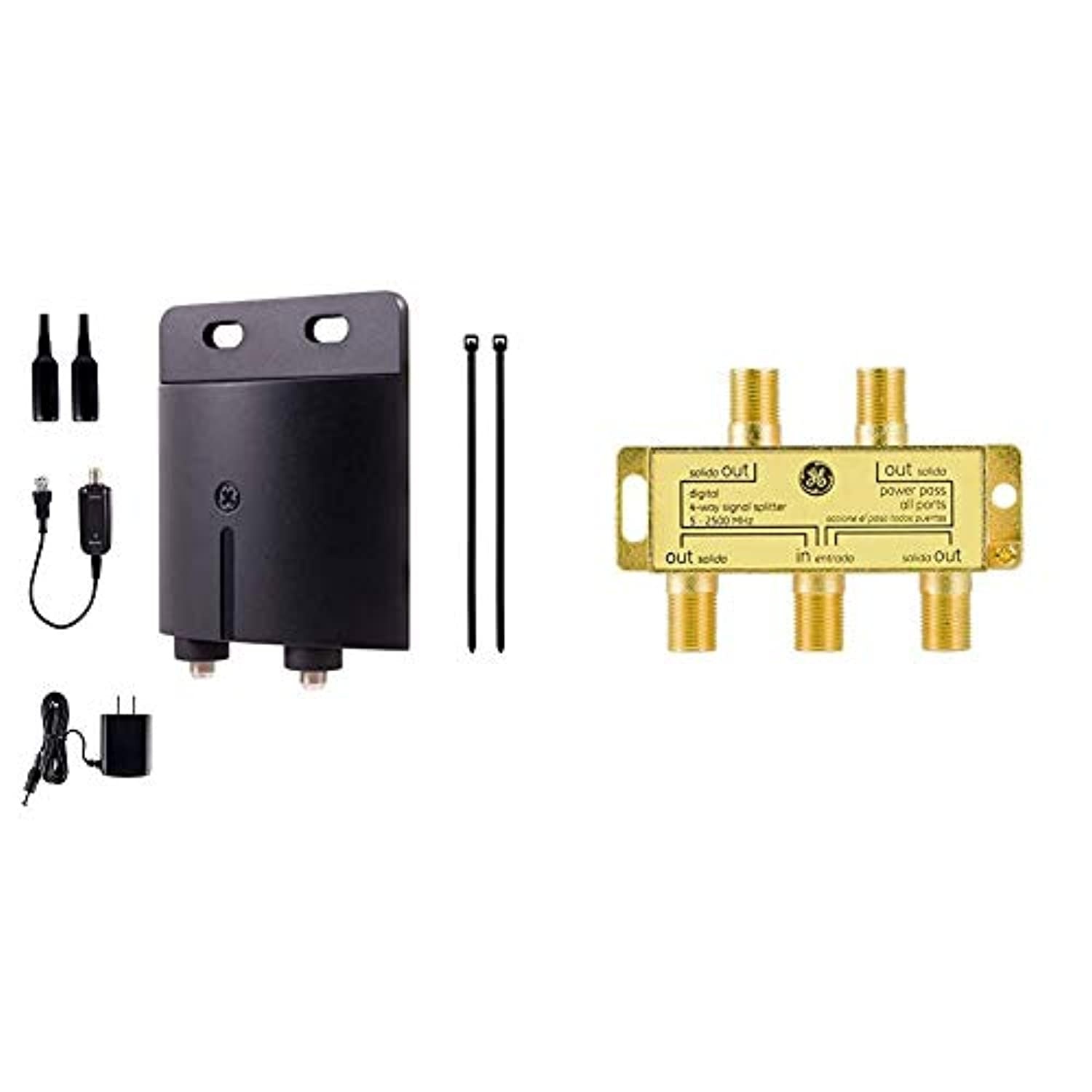 GE Outdoor TV Antenna Amplifier Low Noise Antenna Signal Booster  and  Digital 4-Way Coaxial Cable Splitter, 2.5 GHz 5-2500 MHz, RG6 Compatible, Gold Plated Connectors, Corrosion Resistant, 33527