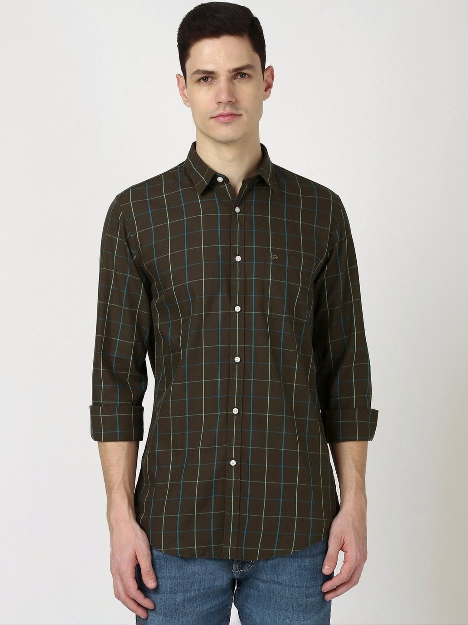 Peter England Brown Cotton Slim Fit Checks Shirt