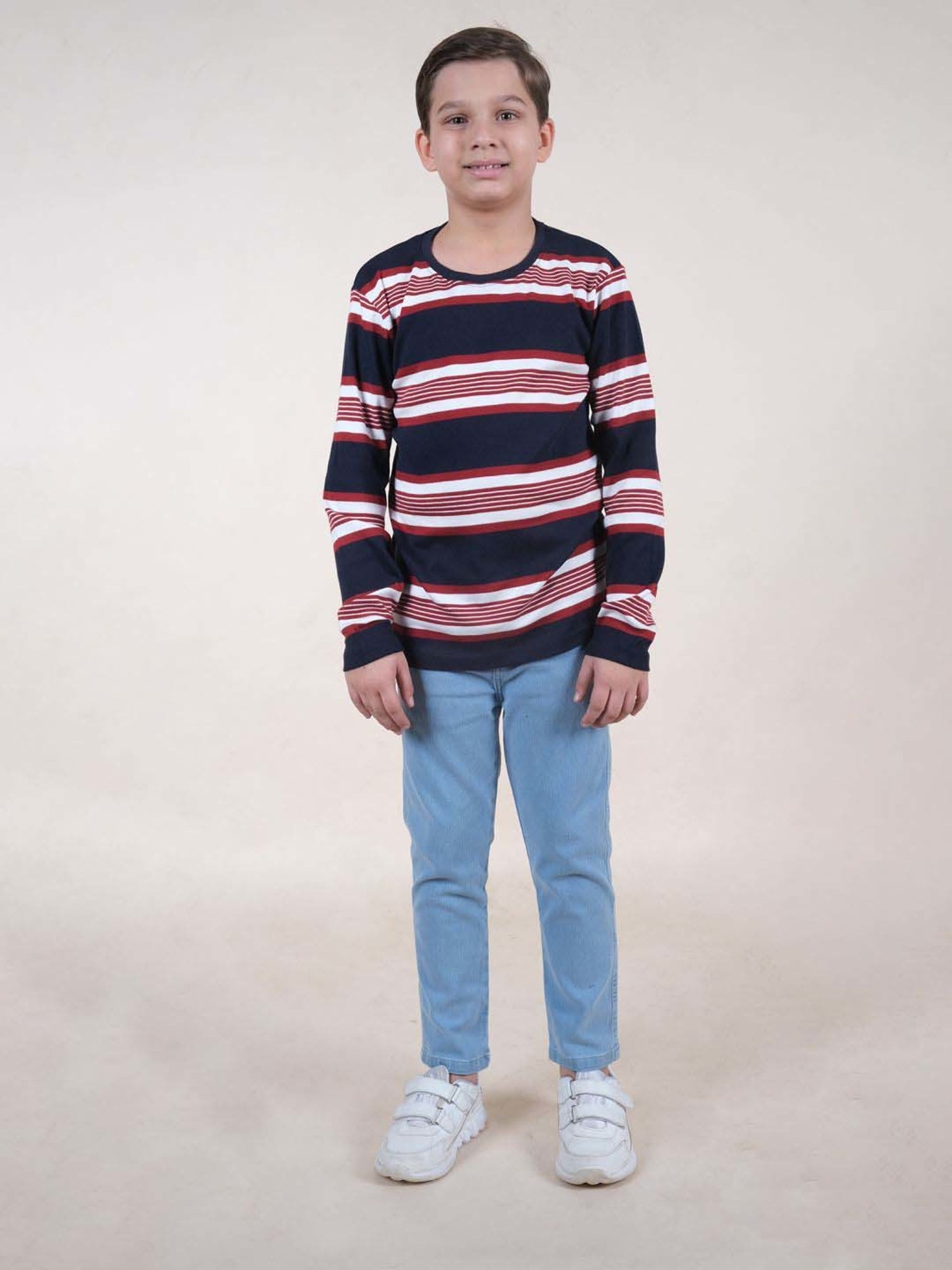 Kiddopanti Boys Navy & Red Cotton Striped Full Sleeves T-Shirts