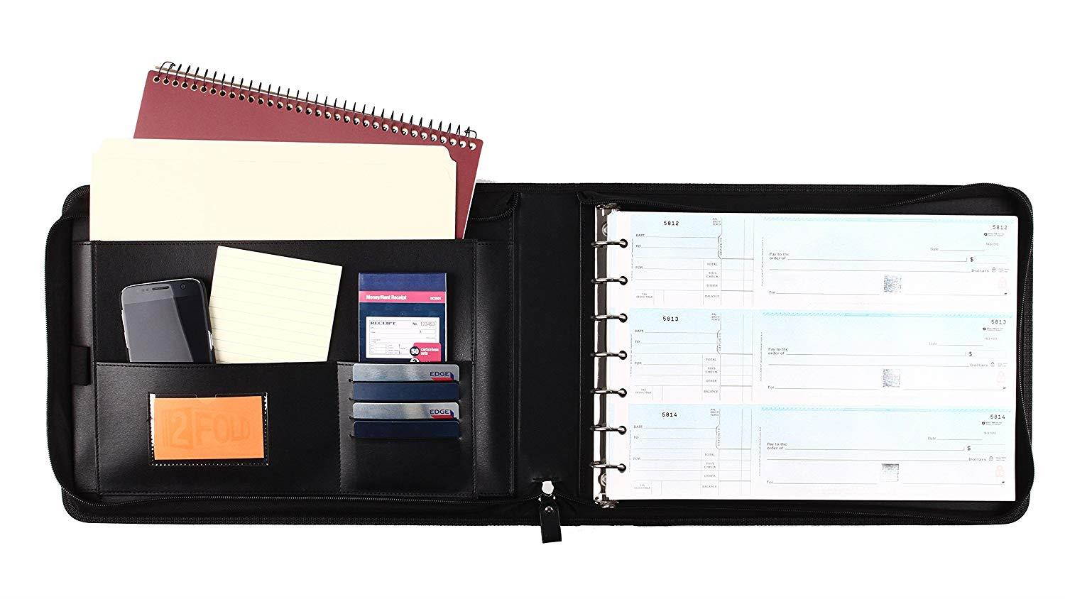 Business Check 7 Ring Binder for 3-Up Checks PU Leather Portfolio Checkbook Cover with Zipper (Black)