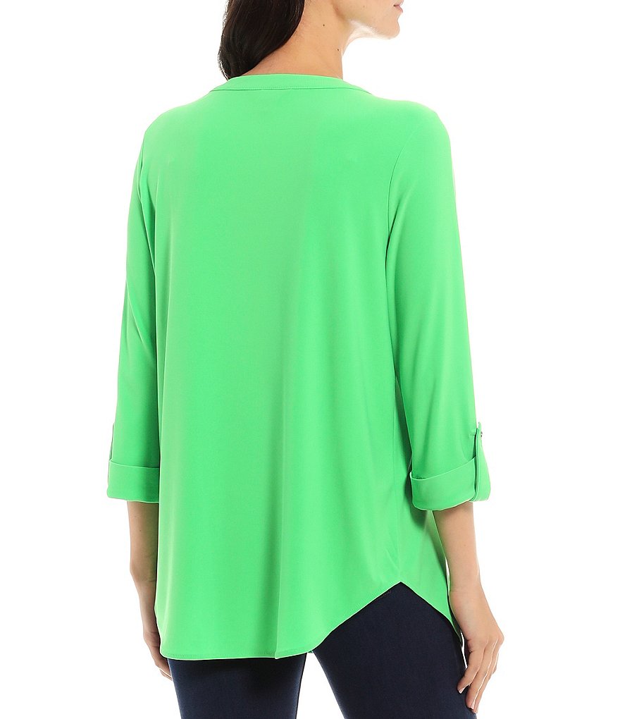 Slim Factor By Investments 3/ 4 Roll-Tab Sleeve V-Neck Lace Up Top