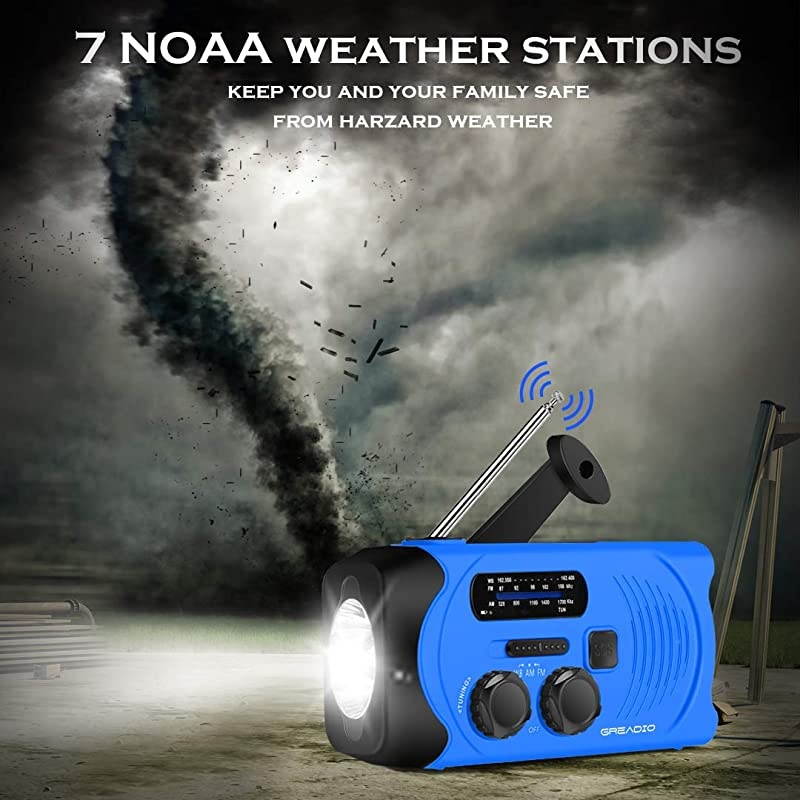 Weather Solar AMFMNOAA Crank Radio with Bright Flashlight SOS Alarm and 2000mAh Power Bank for and Outdoor Activies Blue